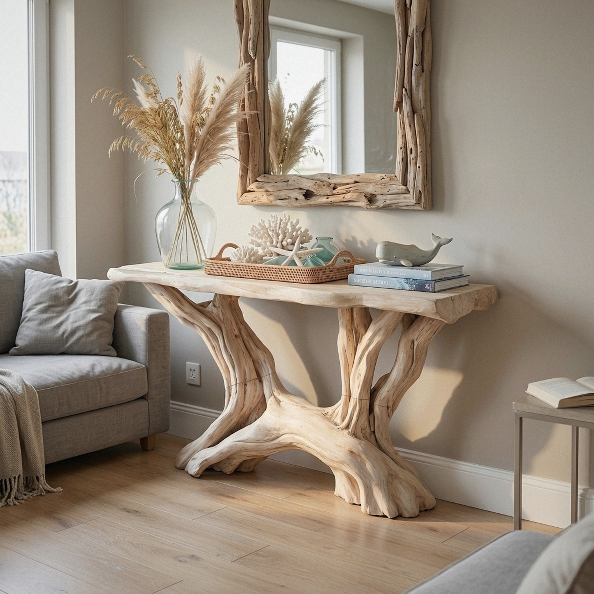 Coastal Rustic Organic Console Table Living Room and Entryway