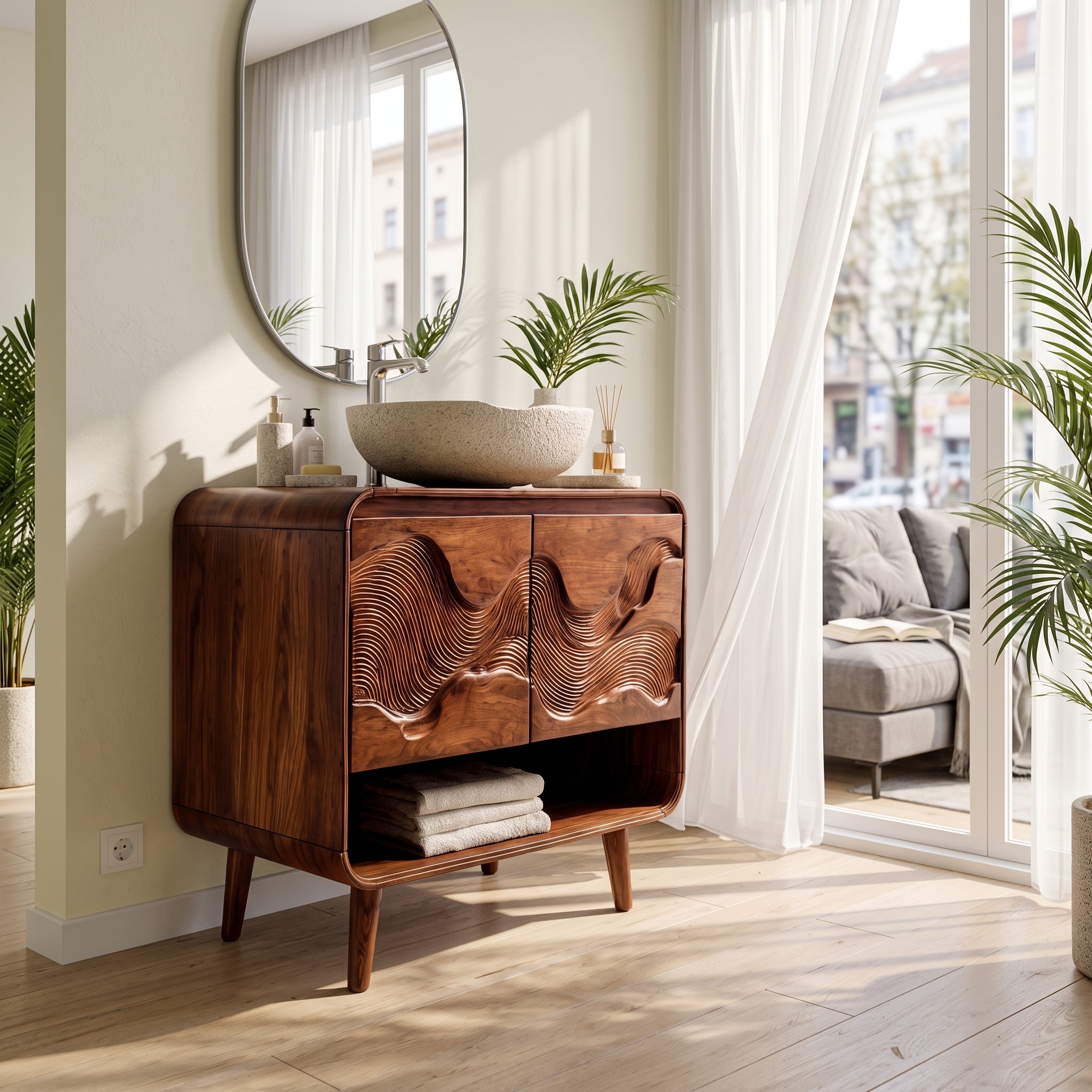 Coastal Solid Wood Bathroom Vanity, Floating Single Basin Sink Cabinet with Under-Sink Storage, Natural Oak Finish