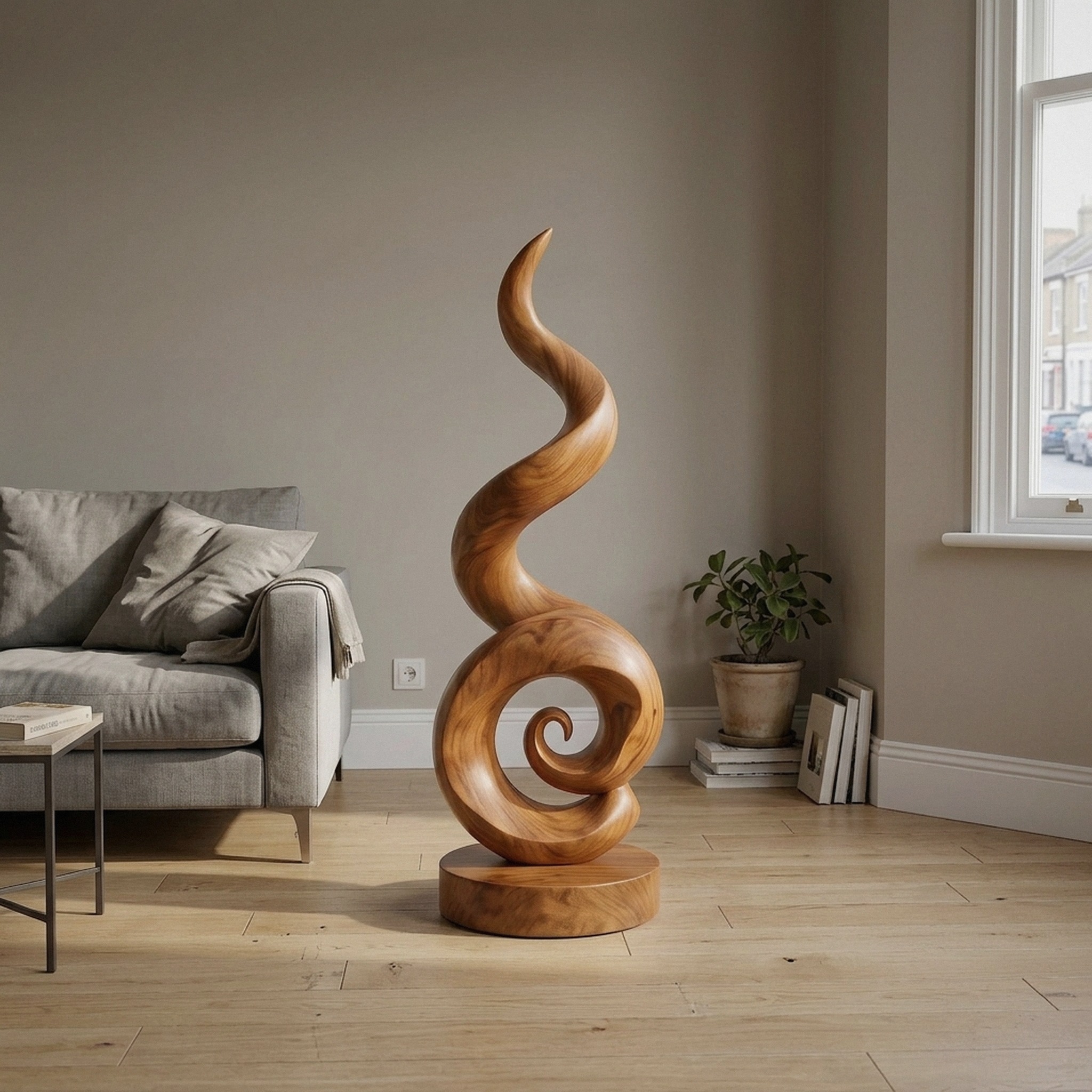 Coastal Spiral Wood Sculpture for Luxury Poolside Patio Decor