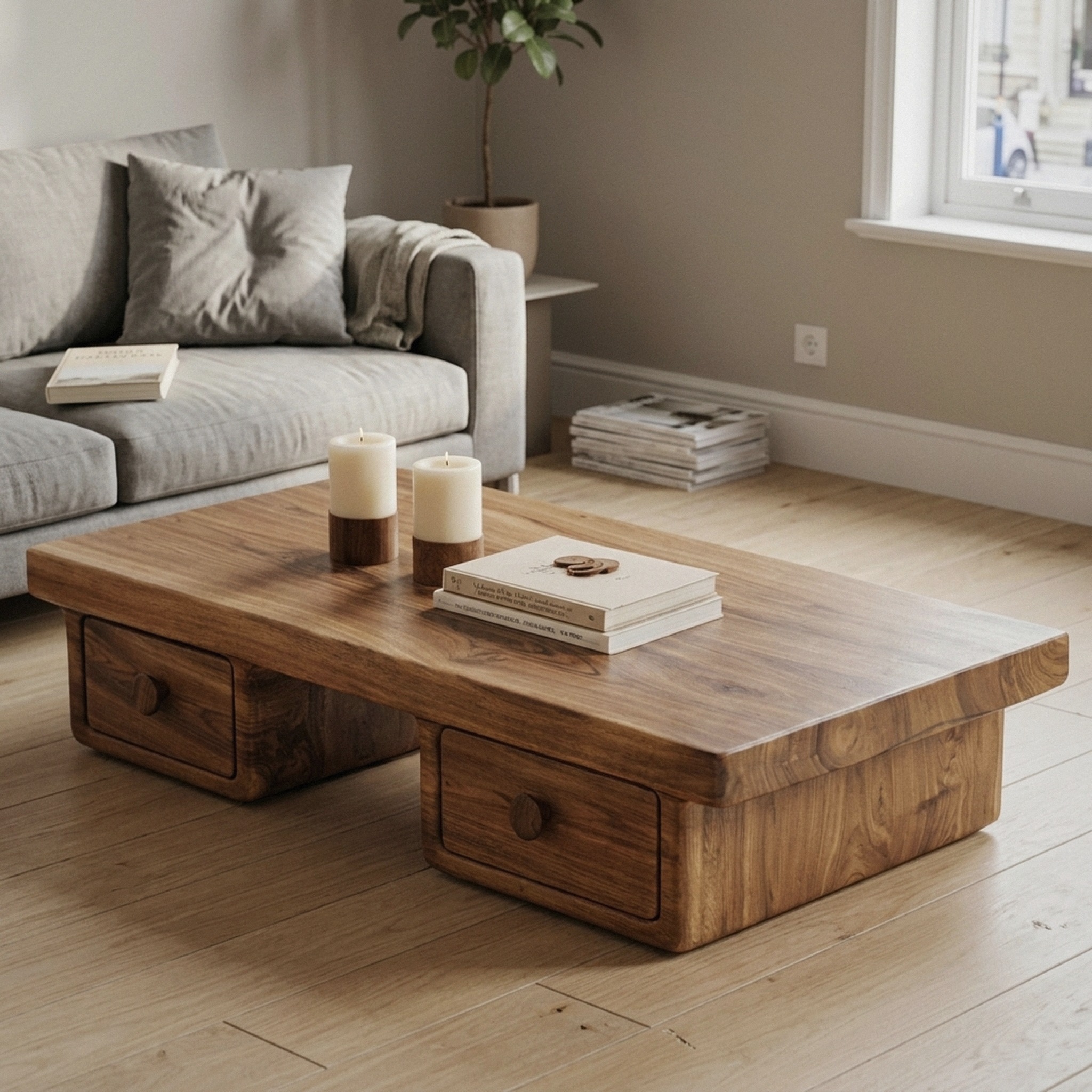 Compact Storage Solid Wood Coffee Table Cozy Living Room Interior