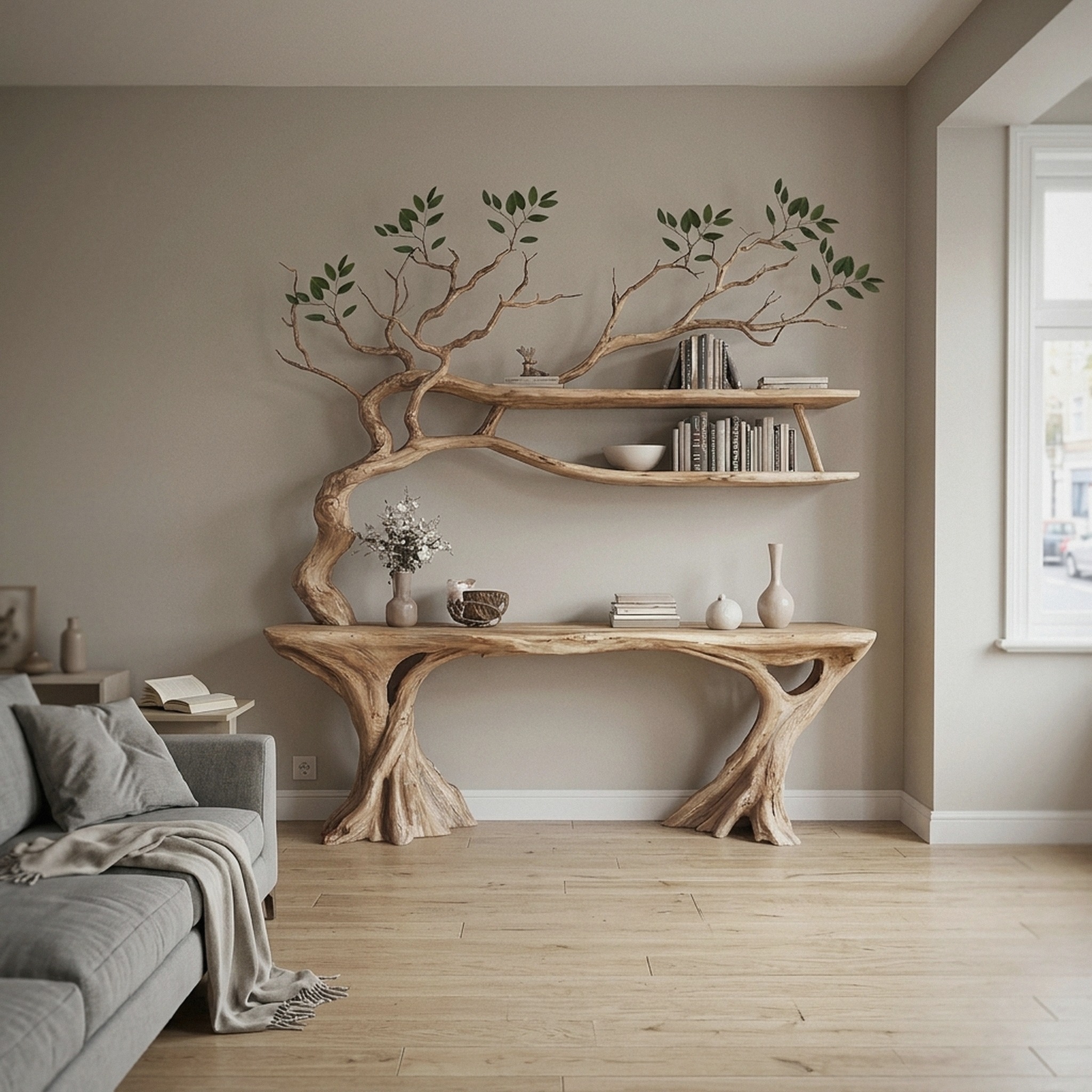 Console Narrow Table with Tree Branch Bookshelf