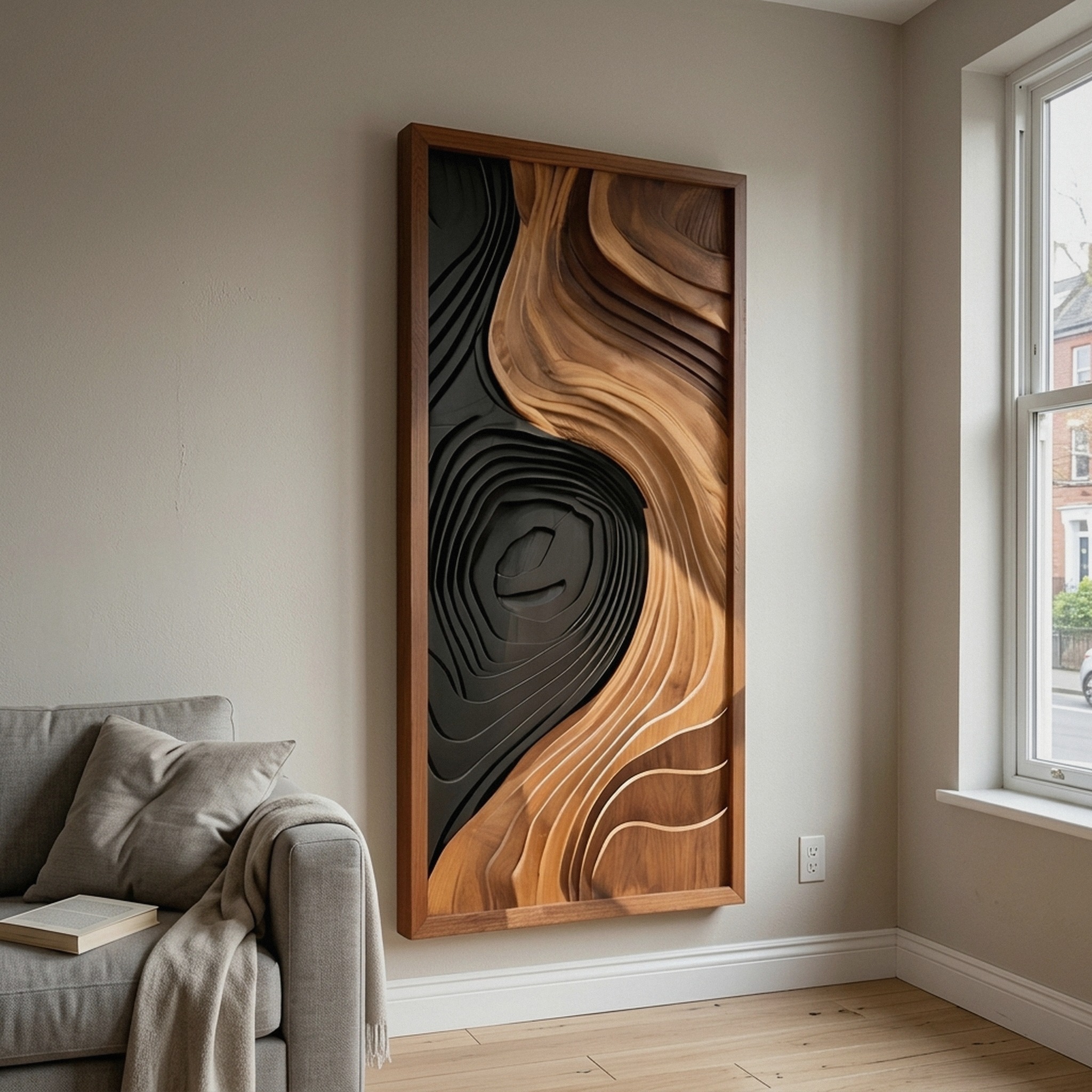 Contemporary Abstract Wood Wall Art Panel, Handcrafted Textured Wooden Geometric Sculpture Decor for Bedroom & Living Room