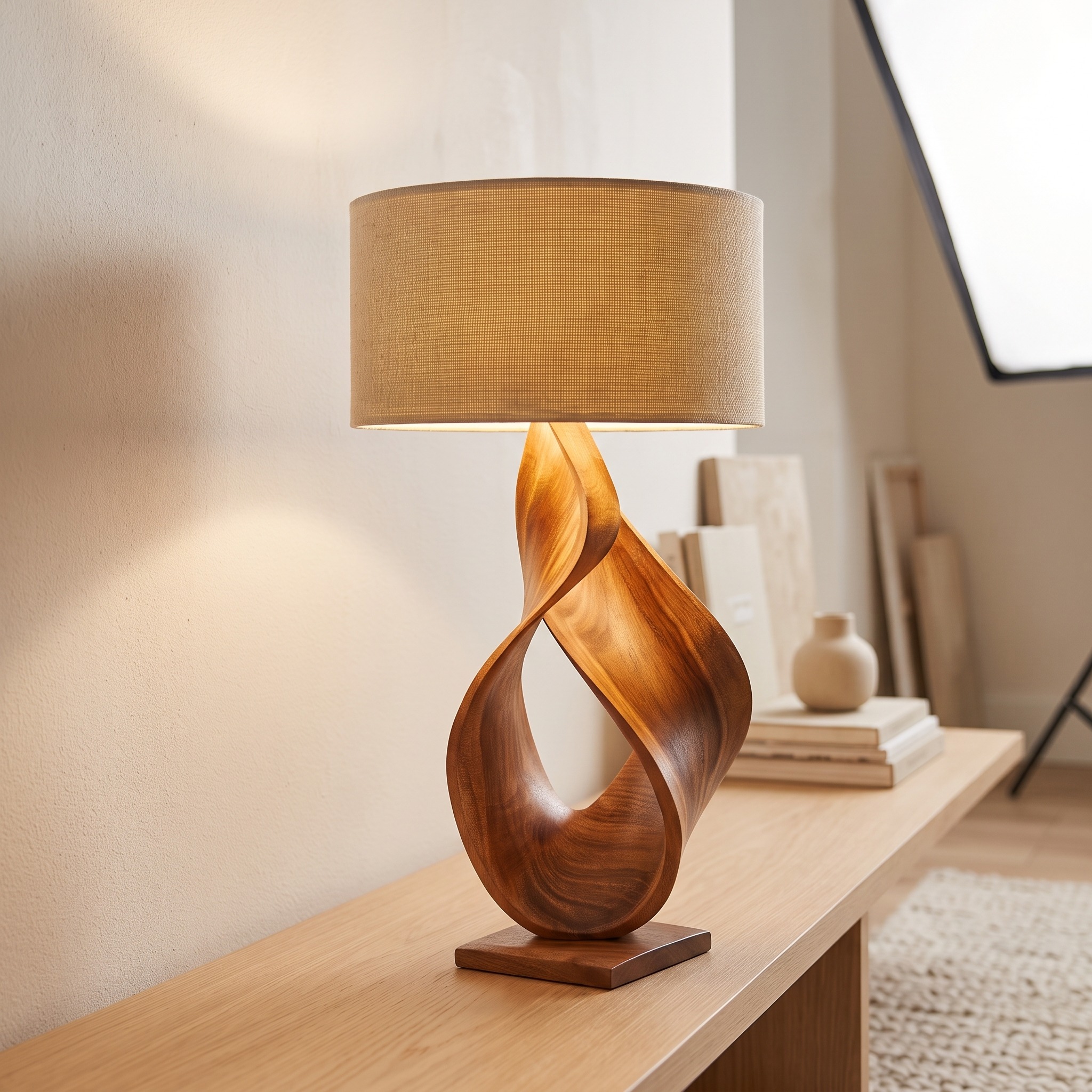 Contemporary Artistic Table Lamp, Creative Wood Desk Light for Home Office, Studio & Workspace