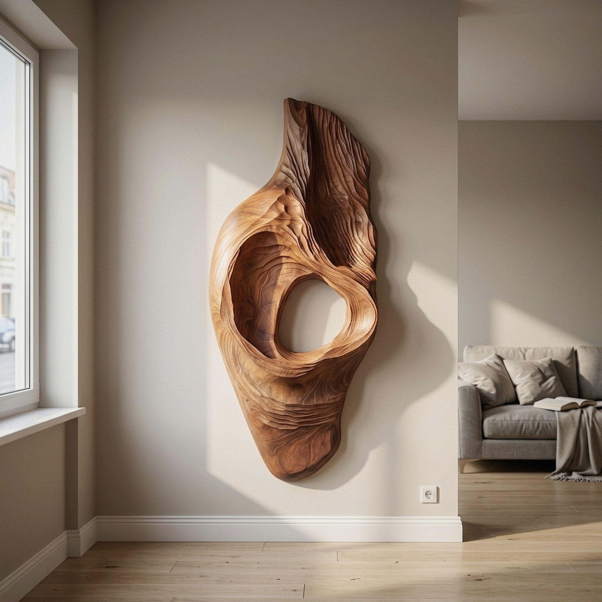 Contemporary Artistic Wood Wall Art Panel, Handcrafted Textured 3D Wooden Wall Sculpture Decor for Bedroom & Modern Living Room