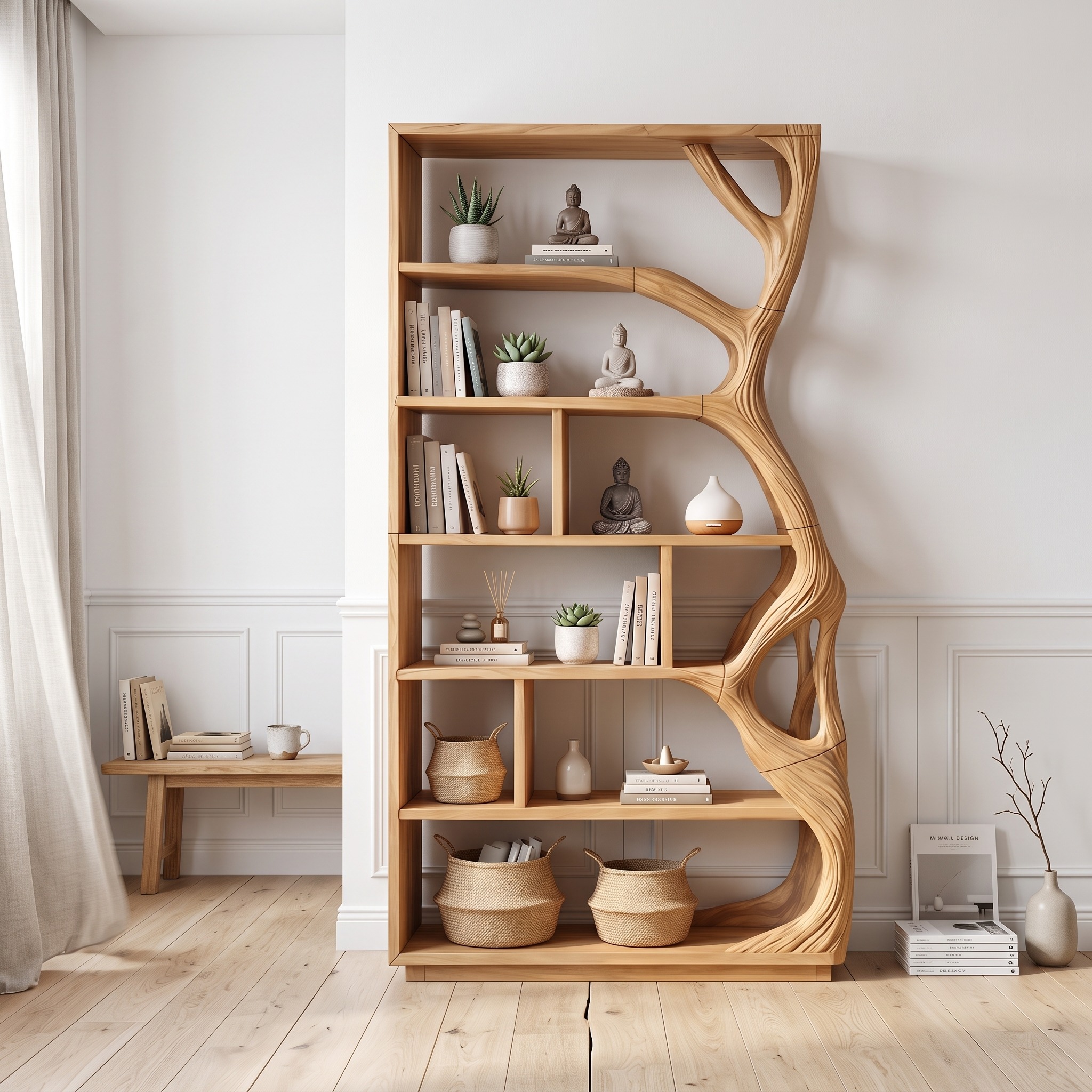 Contemporary Artistic Wooden Bookcase, Handcrafted Geometric Solid Wood Storage Organizer Shelf for Home Office