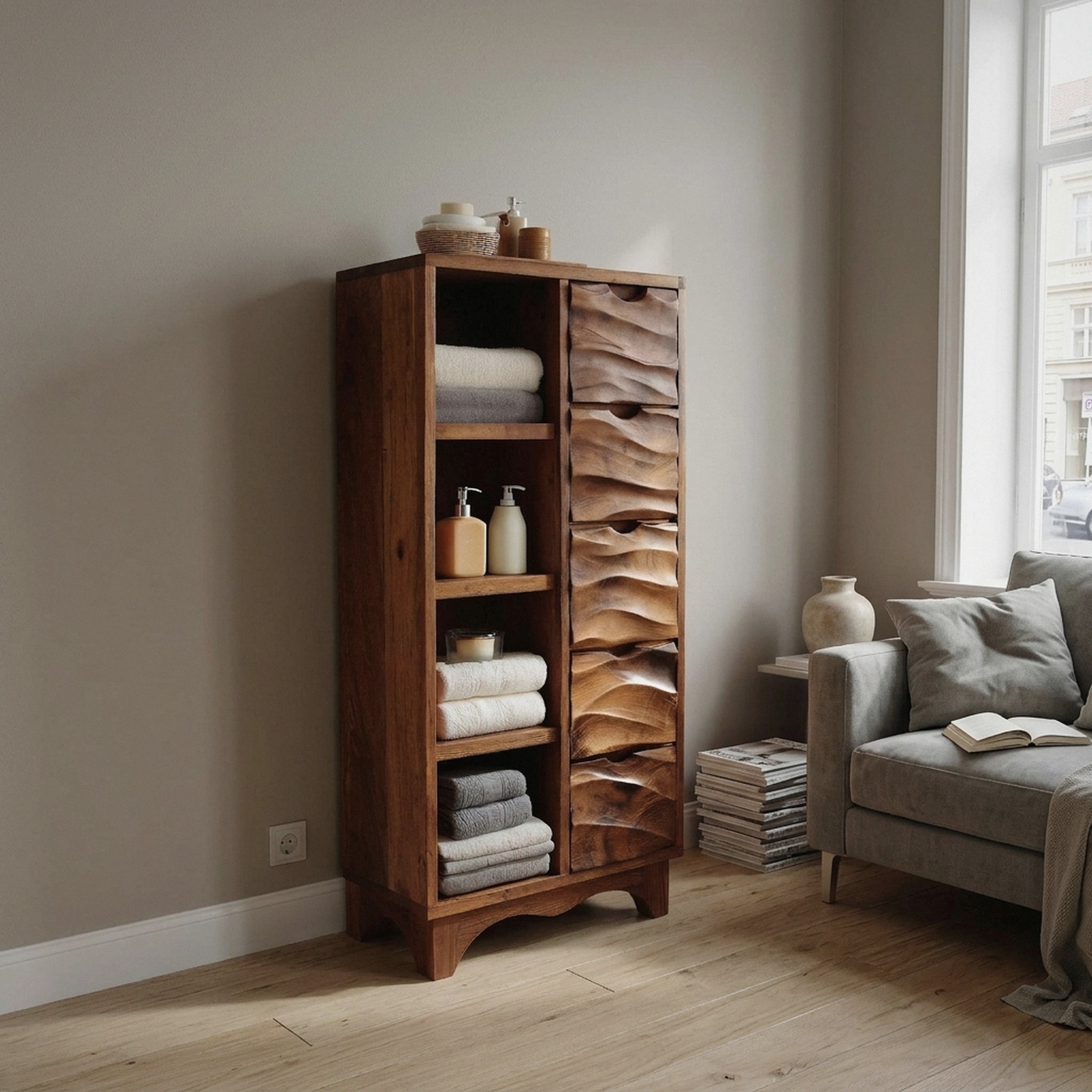Contemporary Bathroom Cabinet with Open Shelves and Drawers for Spa
