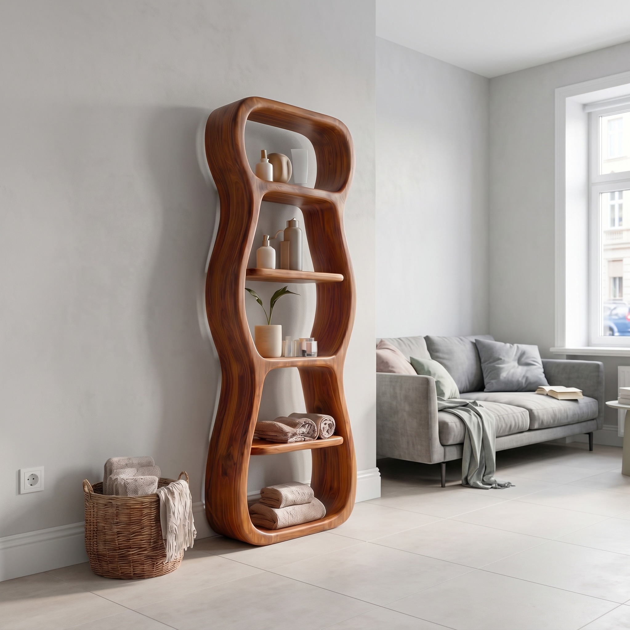 Contemporary Bathroom Storage Cabinet, Sculptural Wood Shape Floor Standing Cabinet with Shelves
