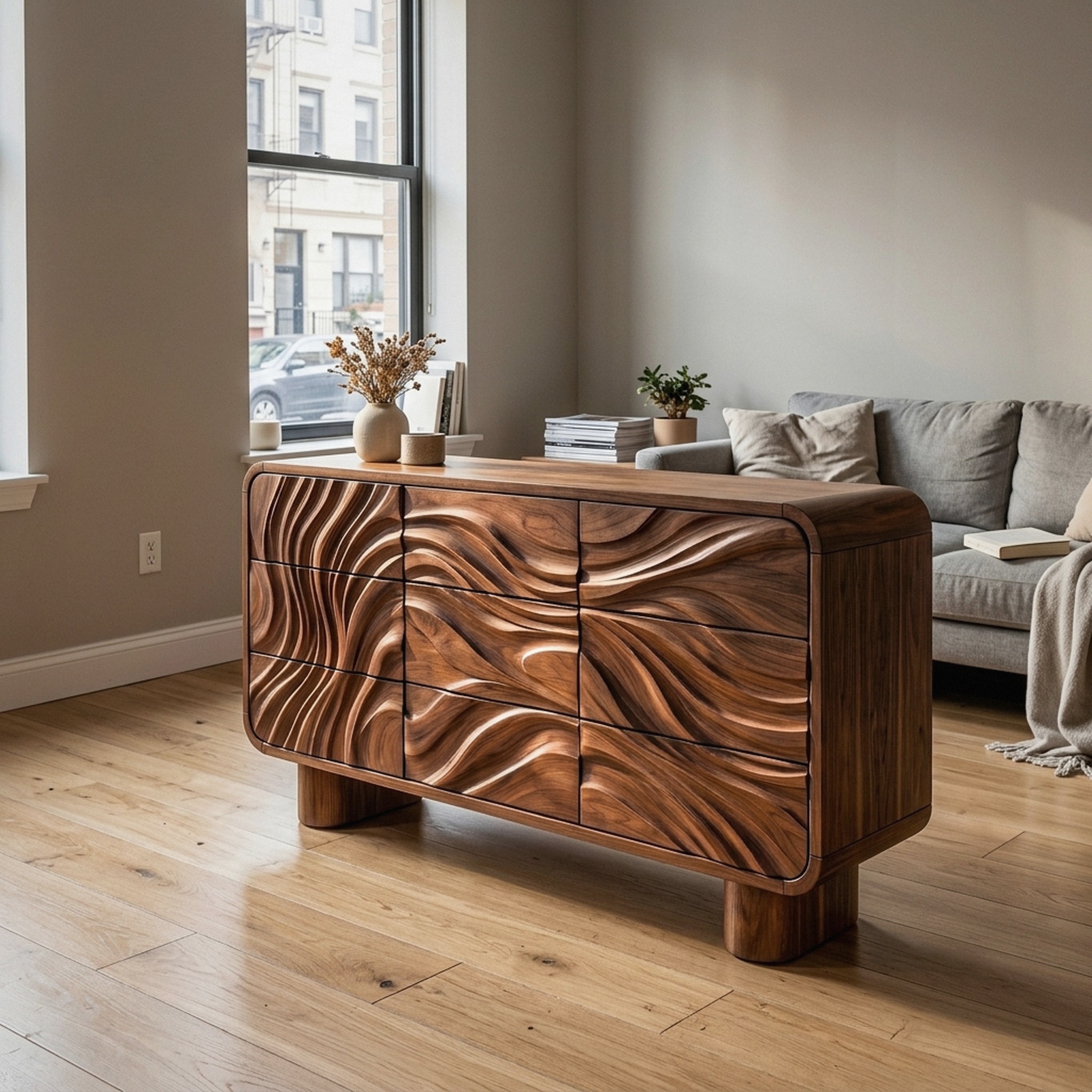 Contemporary Bedroom Dresser Drawers with Sculpted Wave Pattern and Curved Corners for Bedroom