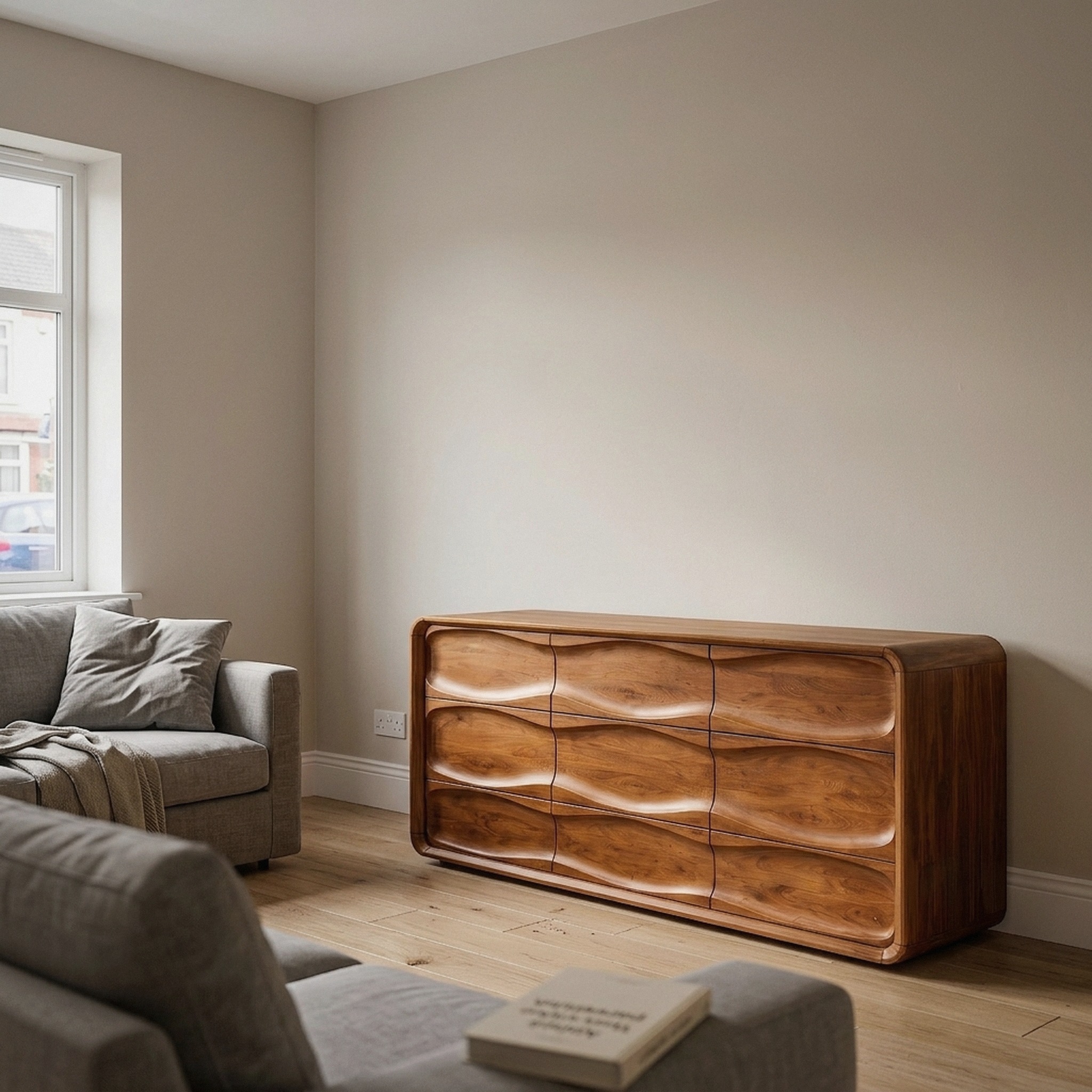Contemporary Bedroom Dresser with Embossed Grain Front and Curved Corners