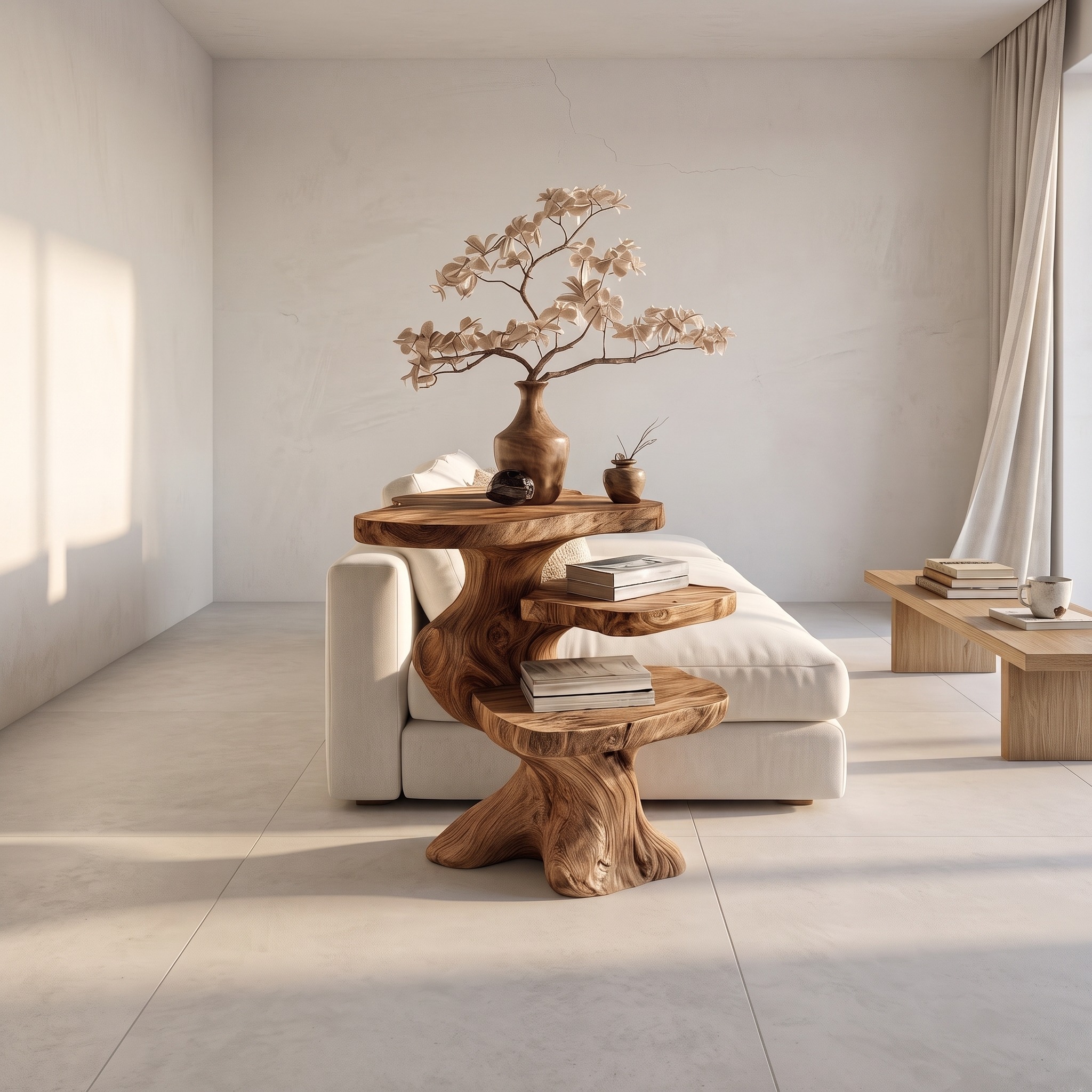 Contemporary Bedside Table with Smooth Sculptural Wood Base, Modern End Table & Nightstand for Living Room & Bedroom