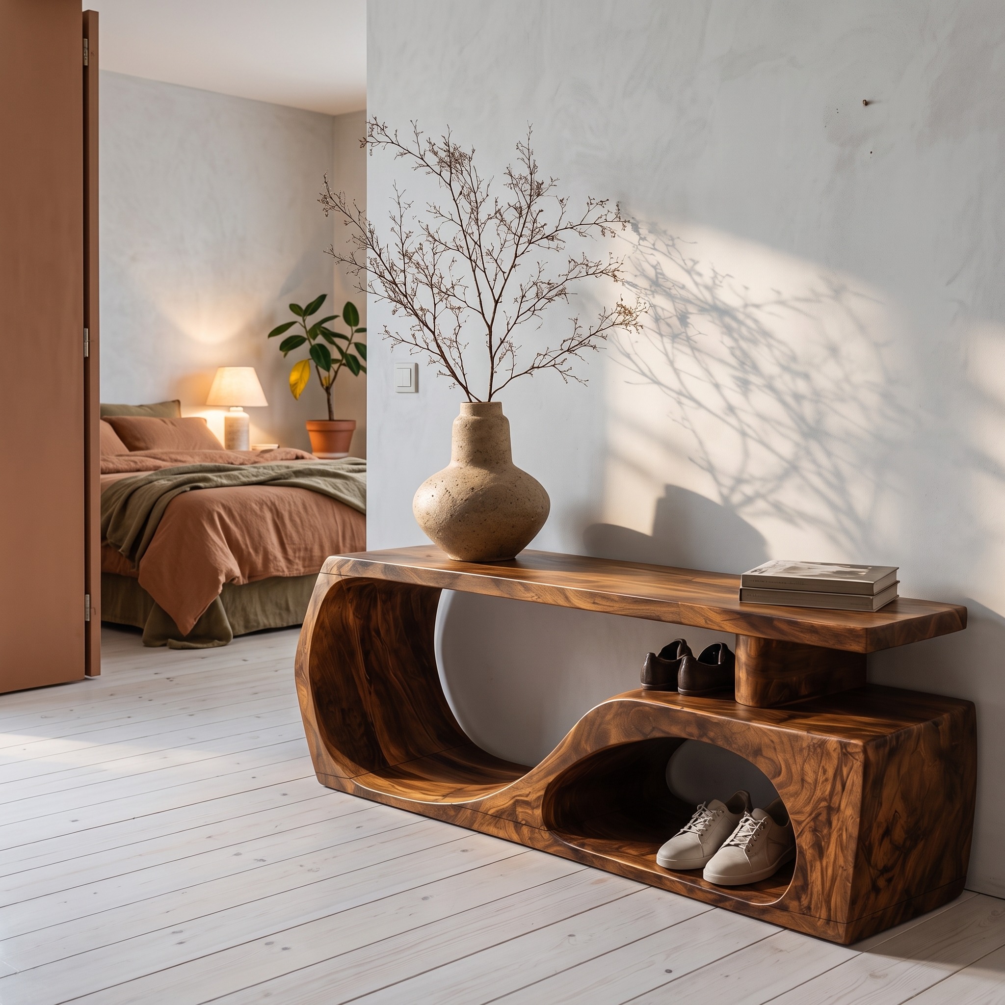 Contemporary Bench with Curved Open Shoe Storage, Handcrafted Solid Wood Entryway Seating & Hallway Organizer