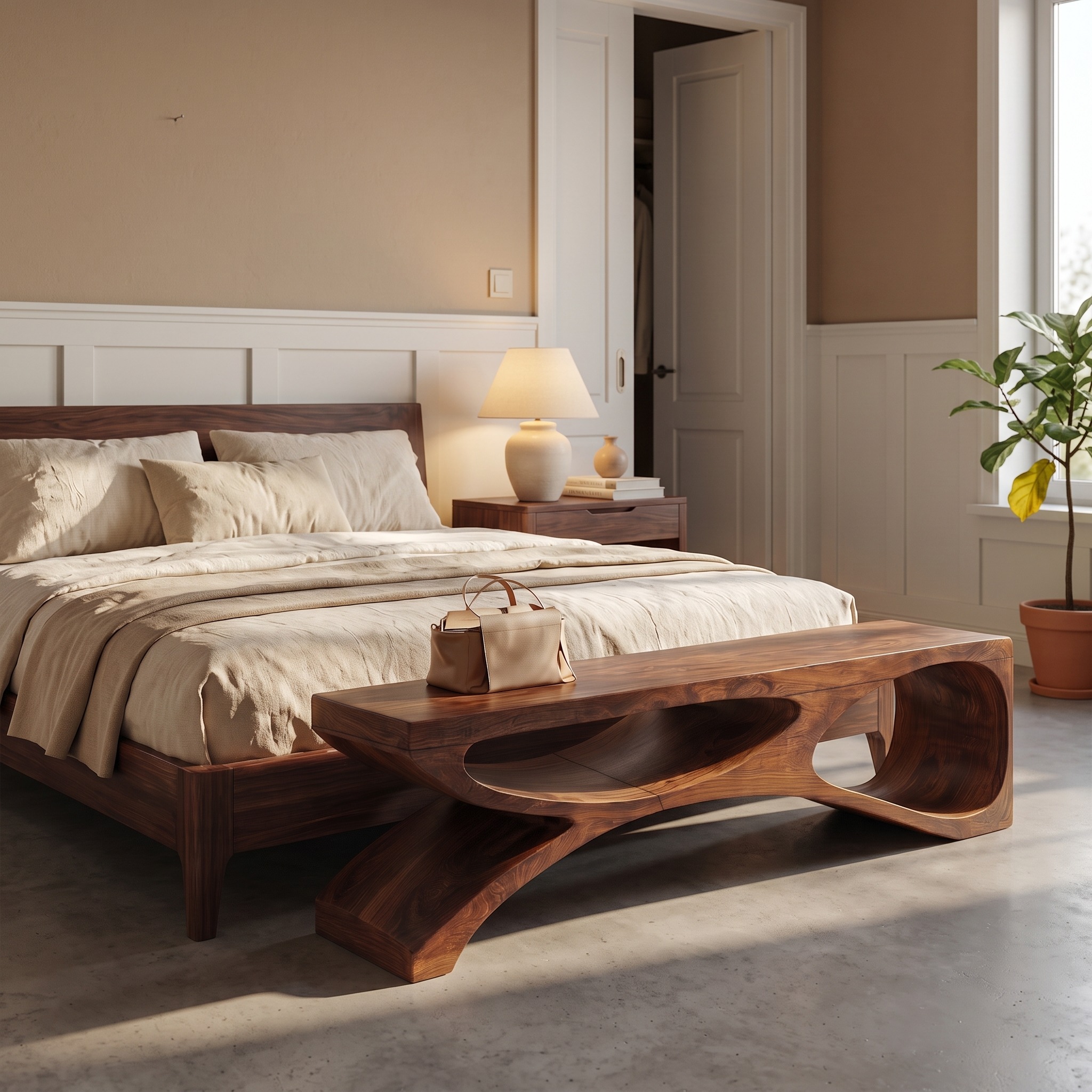 Contemporary Bench with Sculptural Open Base, Handcrafted Solid Wood Accent Seating for Living Room & Bed End