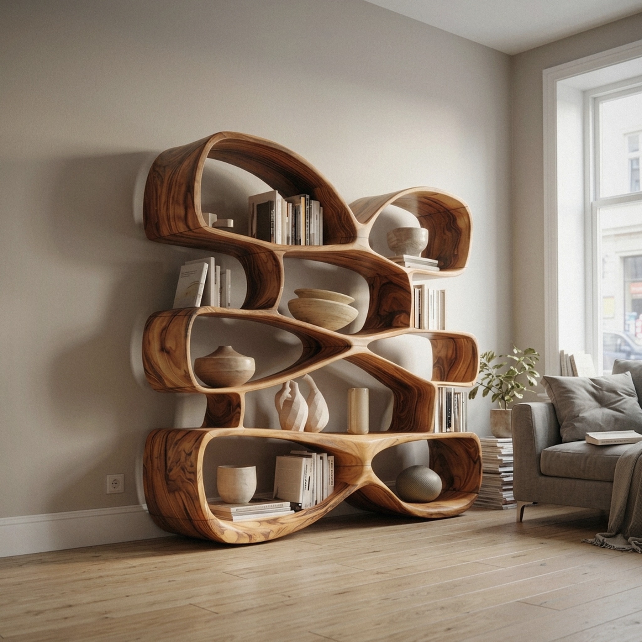 Contemporary Biomorphic Wooden Bookshelf in Fluid Design