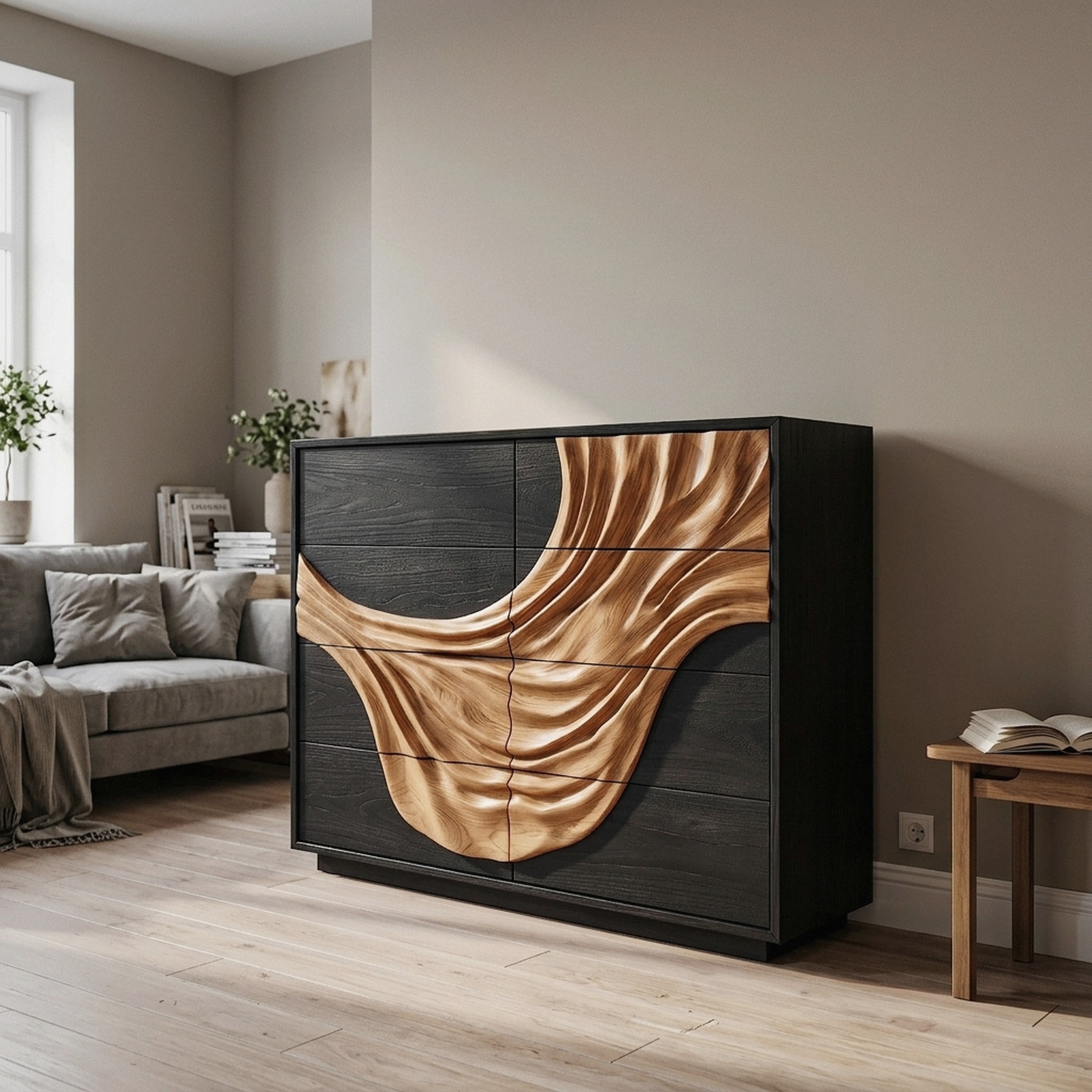 Contemporary Black Dresser with Strong Linear Detailing for Bedroom
