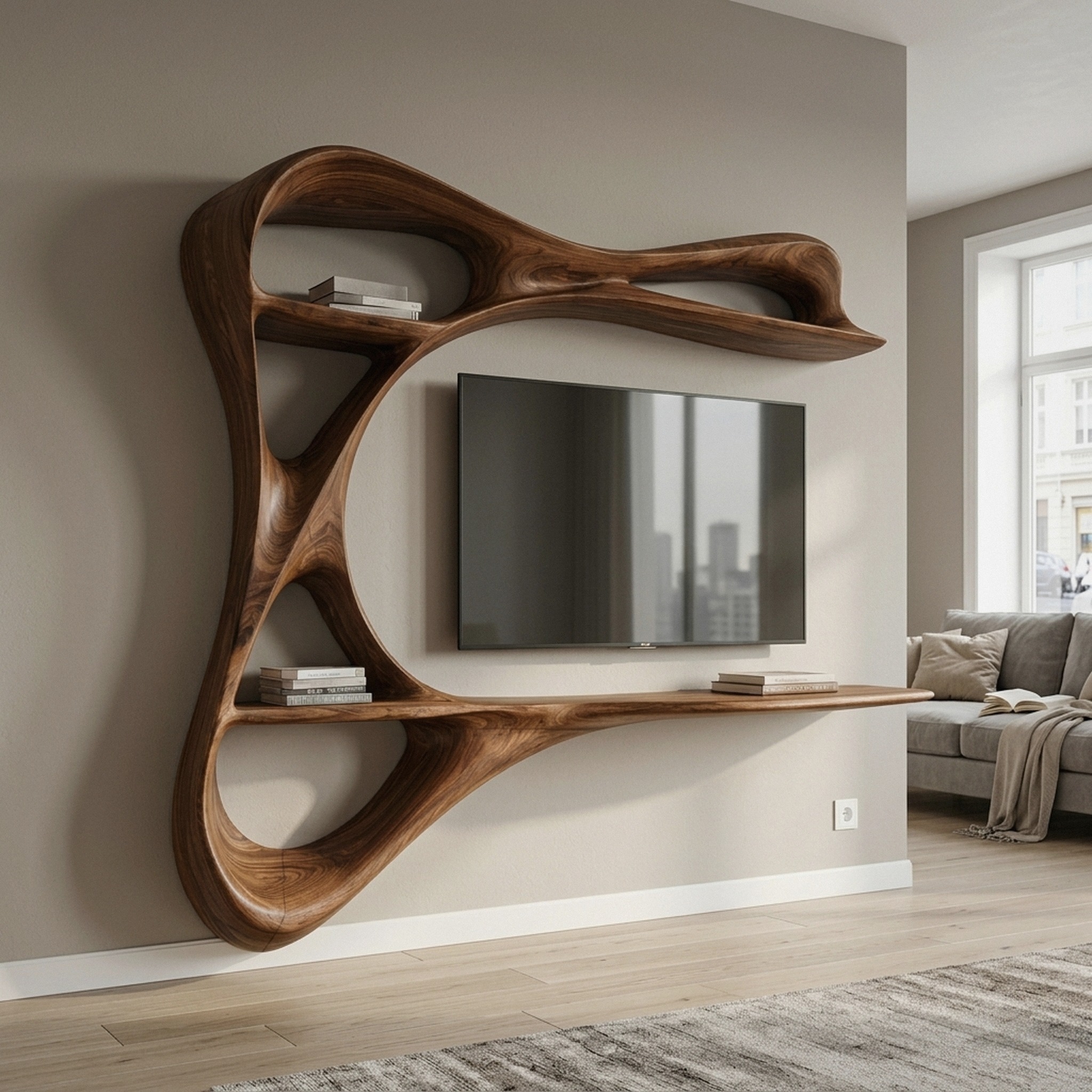 Contemporary Carved Frame TV Console with Integrated Shelves for Home