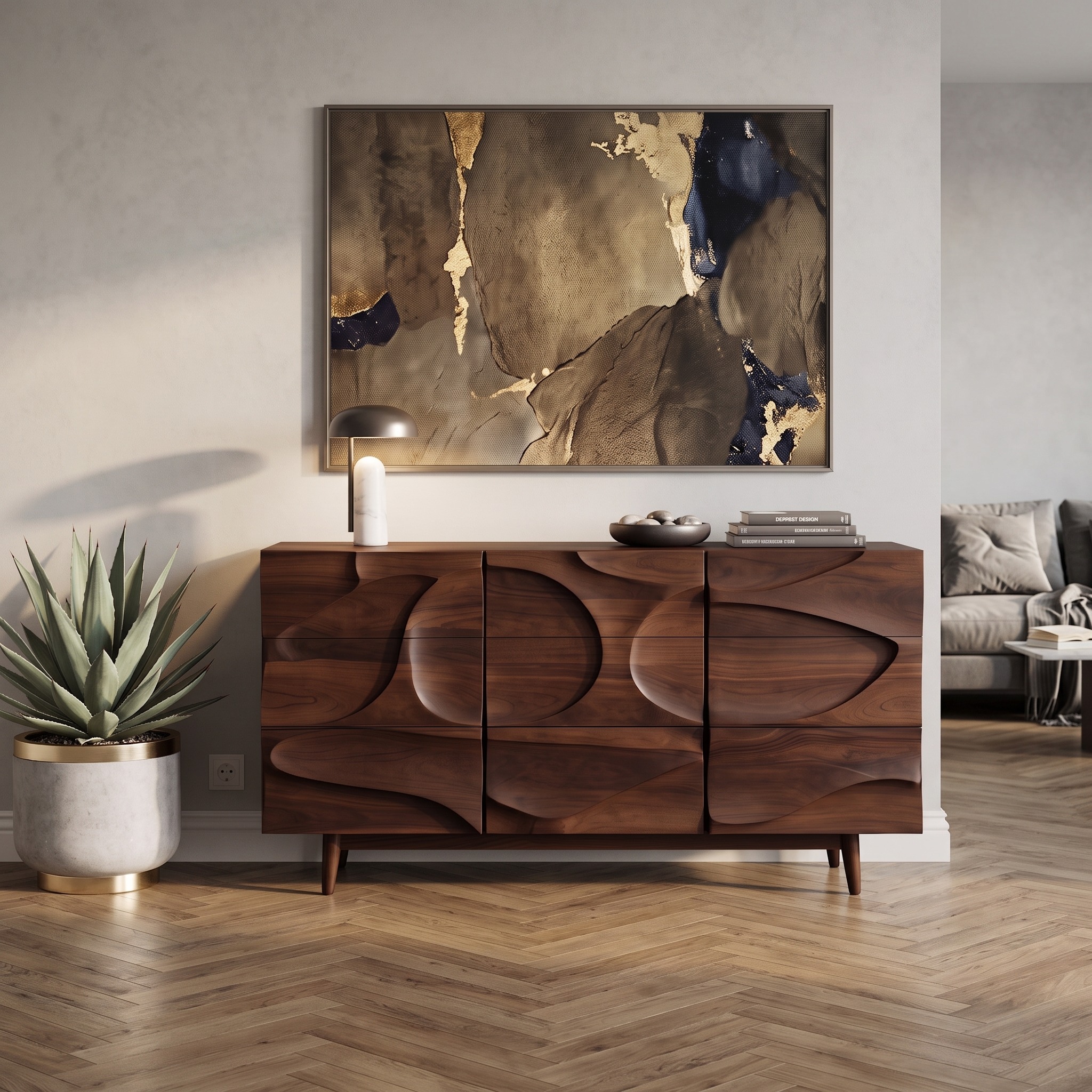 Contemporary Carved Wood Sideboard, Modern Buffet Cabinet & Storage Credenza for Dining or Living Room