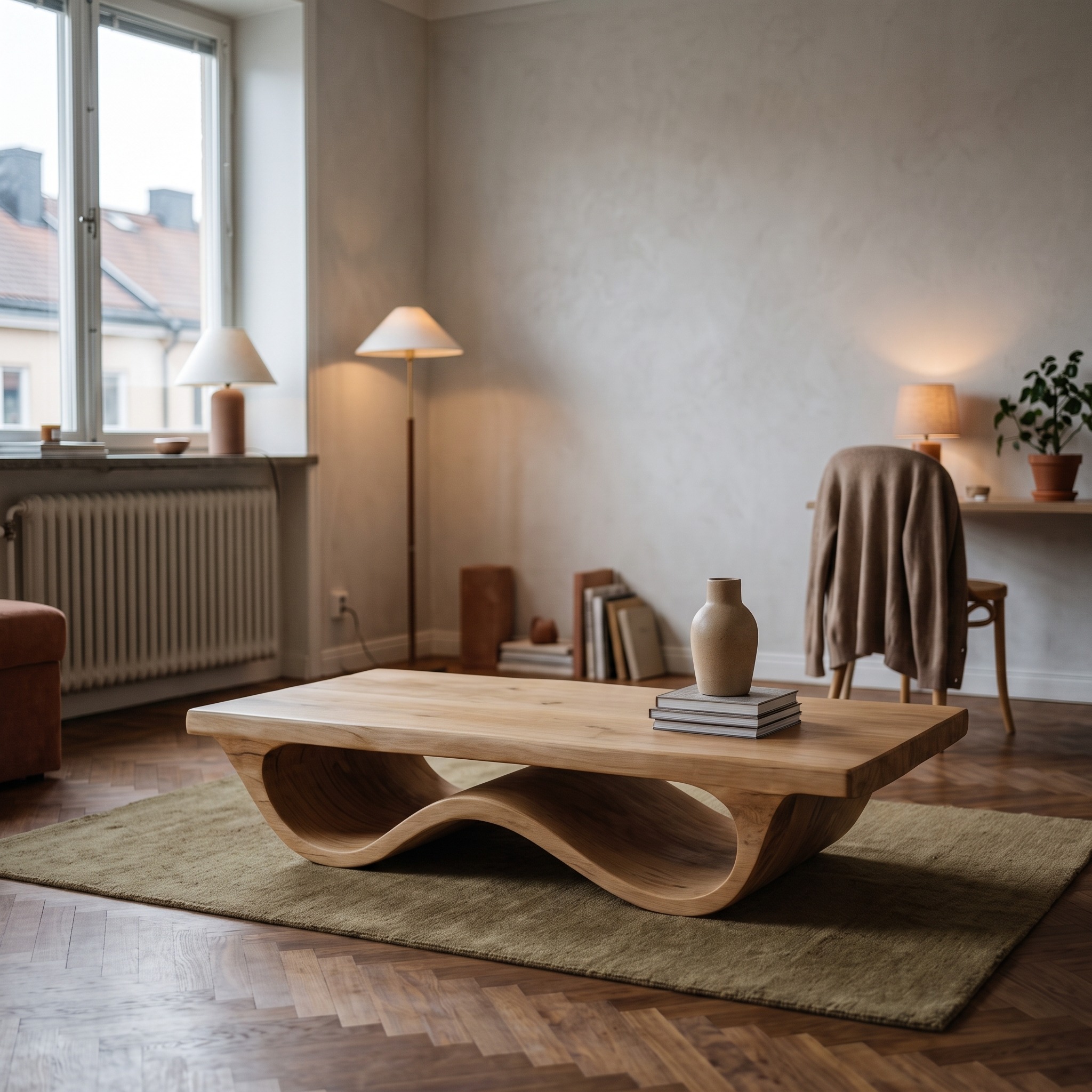 Contemporary Coffee Table, Curved Leg Pedestal Solid Wood Cocktail Table for Modern Living Room & Lounge