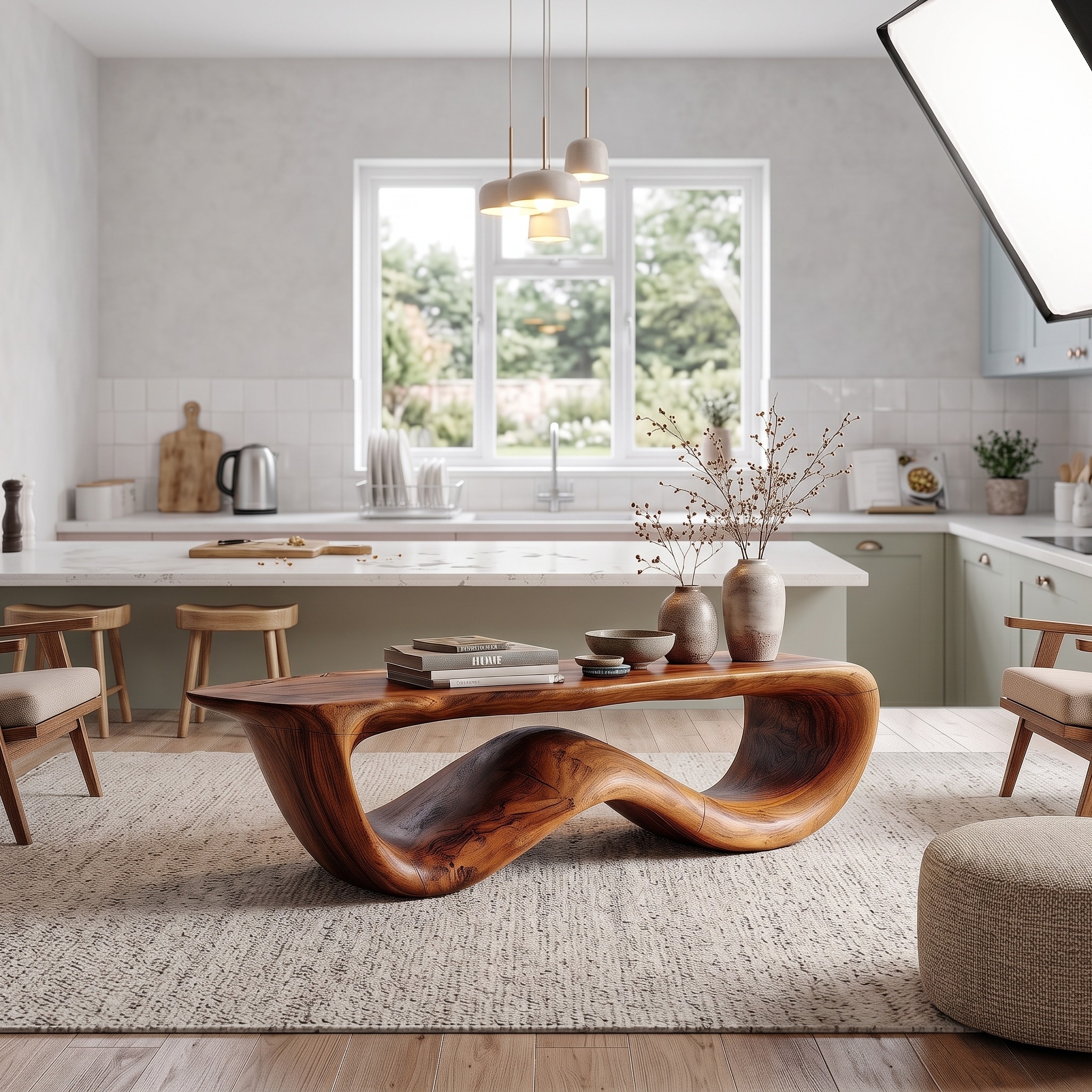 Contemporary Coffee Table with Flowing Solid Wood Silhouette, Organic Handcrafted Living Room Center Table, Model