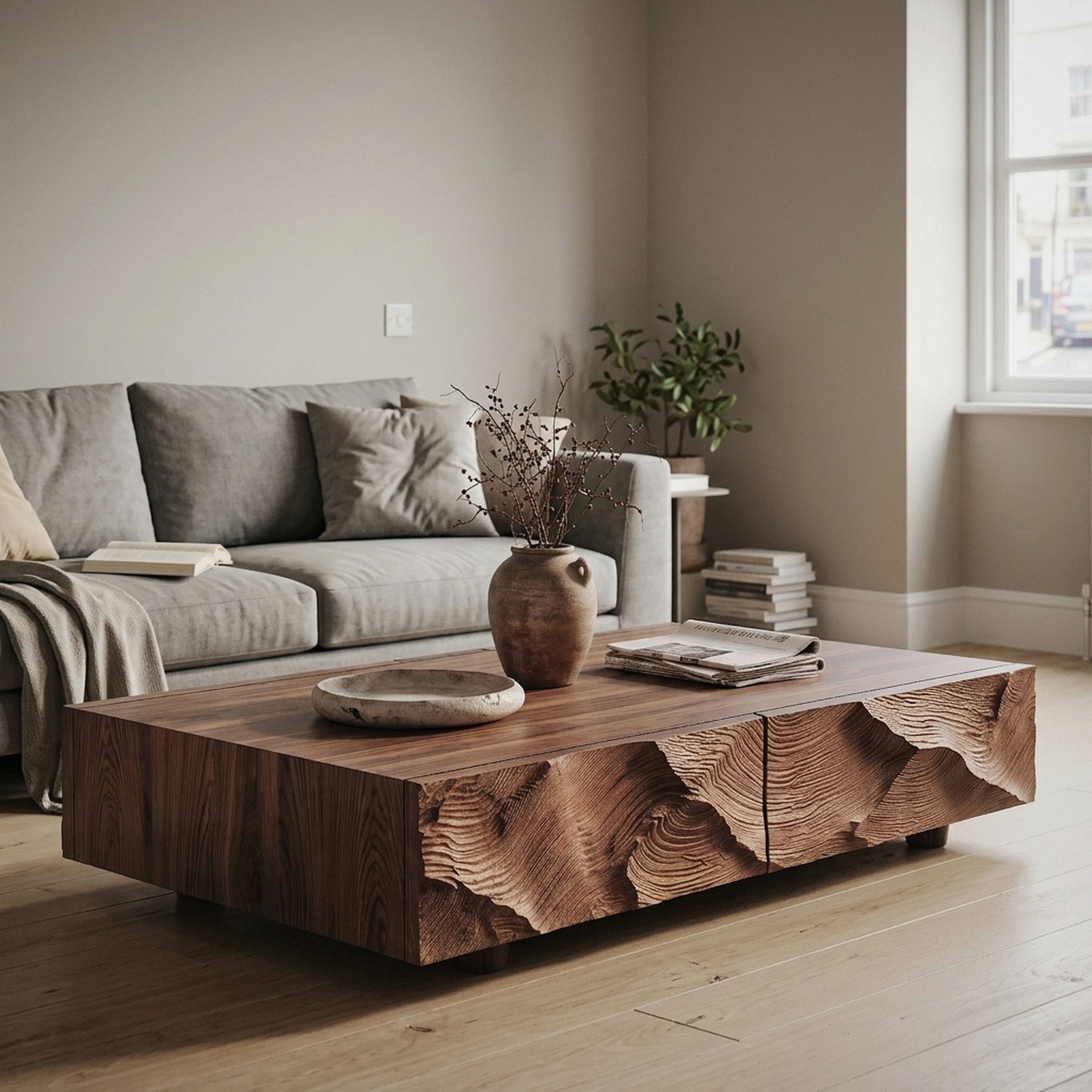 Contemporary Coffee Table with Sculptural Carved Drawer Front for Living Room