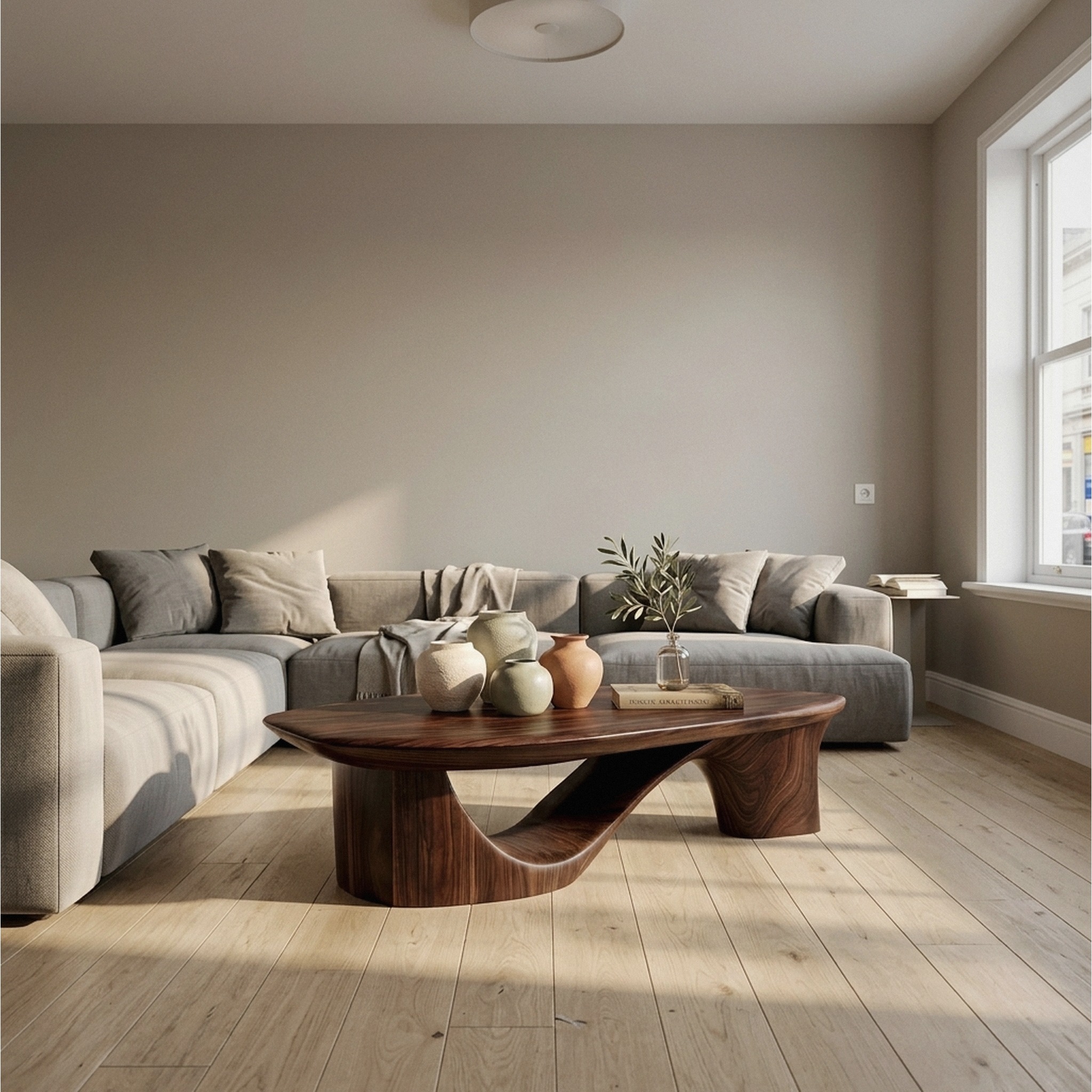 Contemporary Coffee Table with Sculptural Wooden Base for Living Room