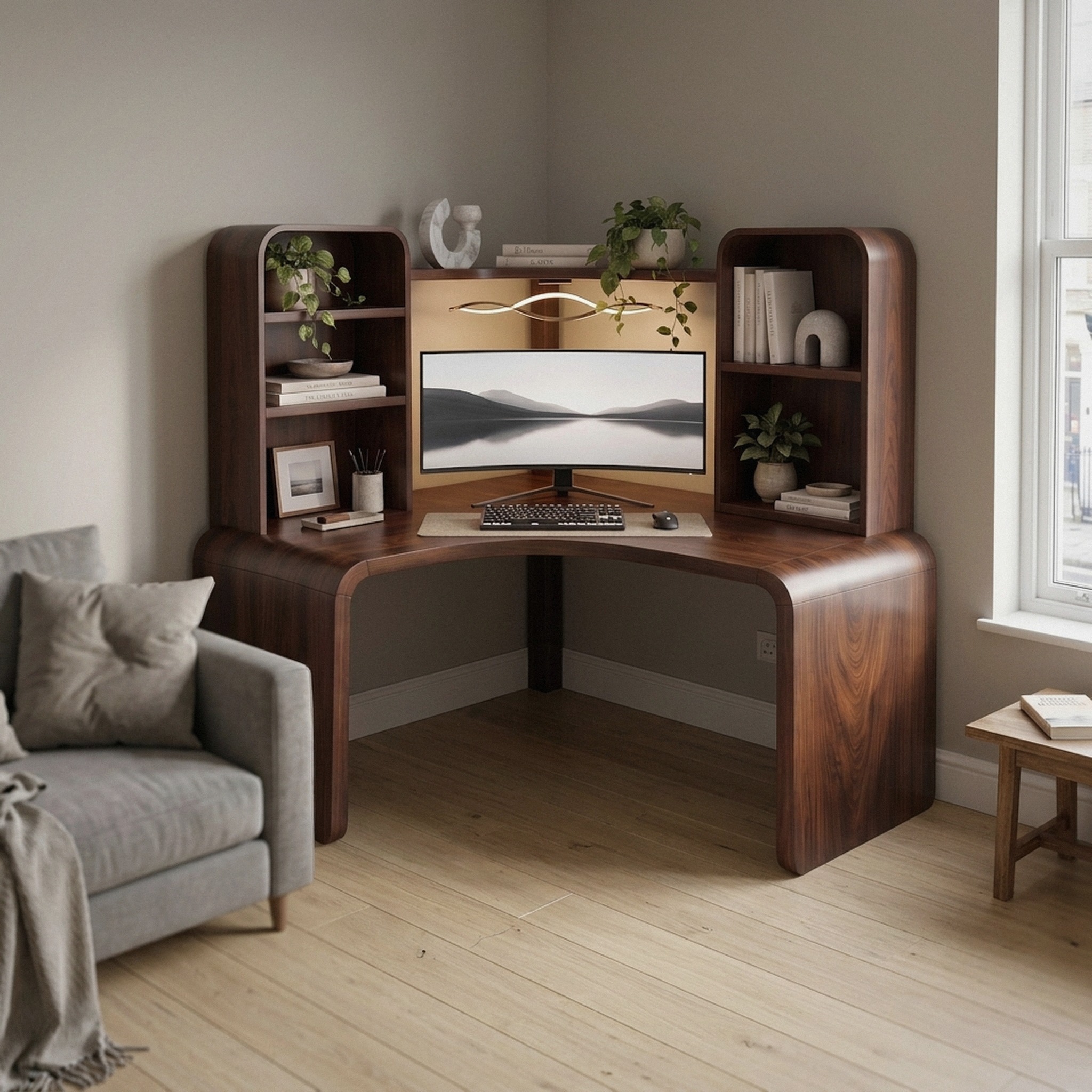 Contemporary Computer Desk with Corner Bookcase for Workspace
