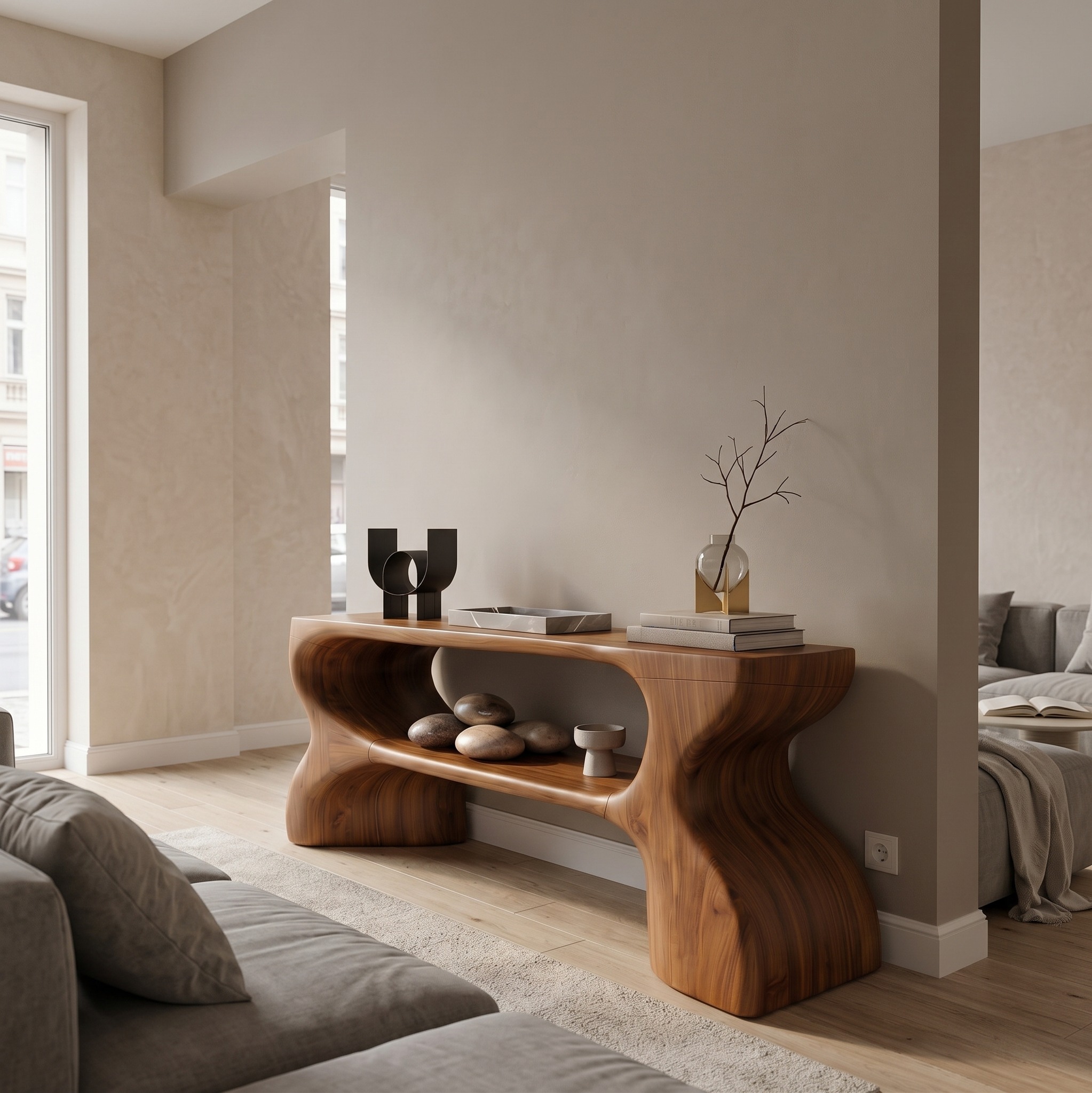 Contemporary Console Table, Architectural Curved Design Wood Entryway Table, Minimalist Sofa Table for Foyer