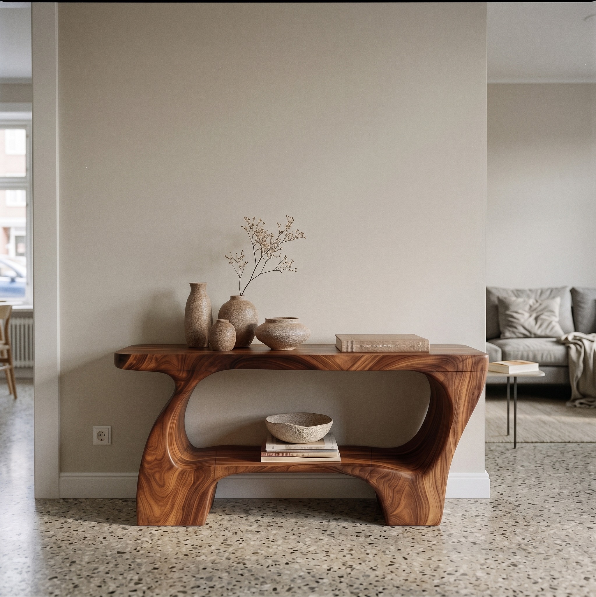 Contemporary Console Table, Artistic Open Structure Wooden Entryway Table for Living Room & Hallway