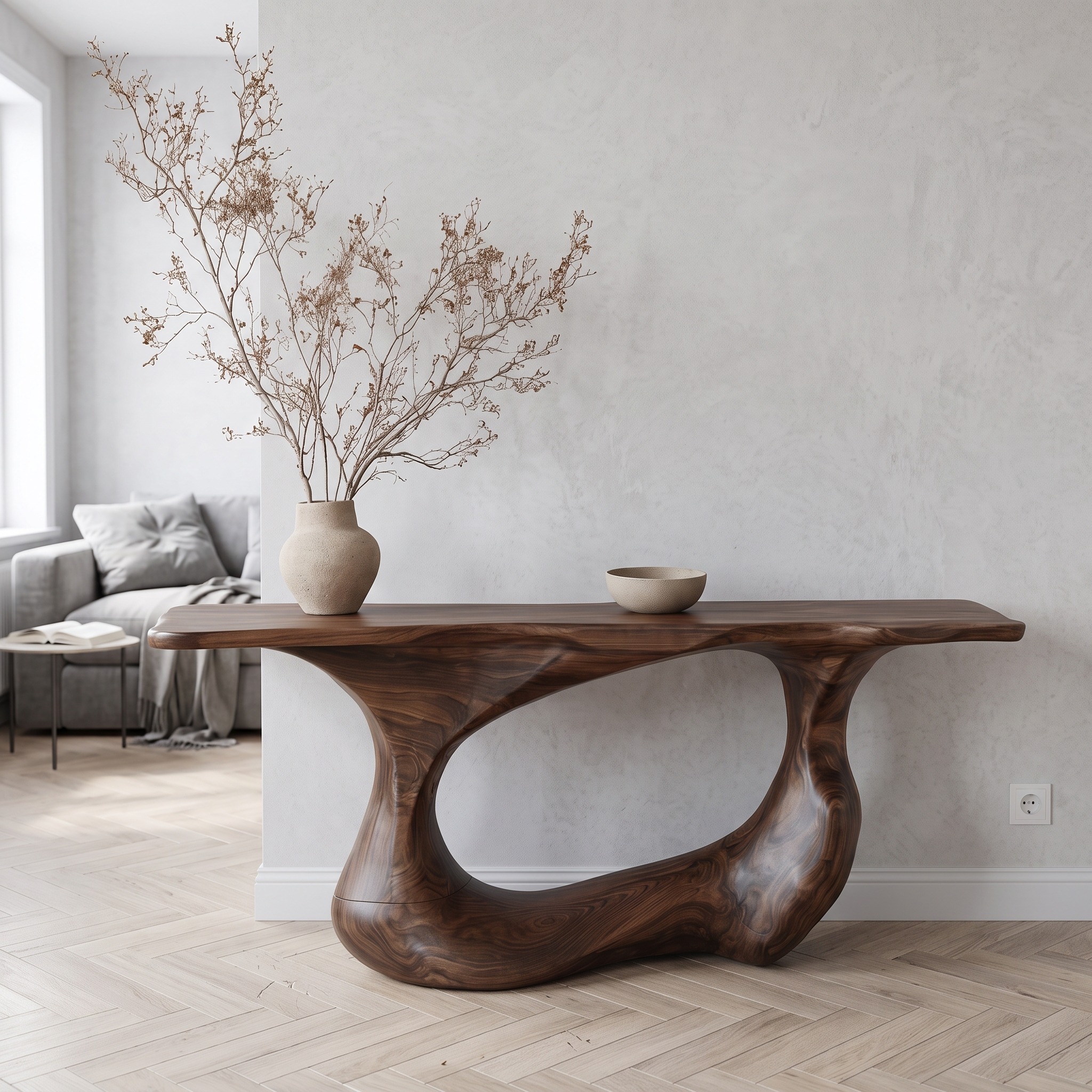 Contemporary Console Table, Handcrafted Artistic Open Loop Solid Wood Base Entryway Accent Table for Living Room