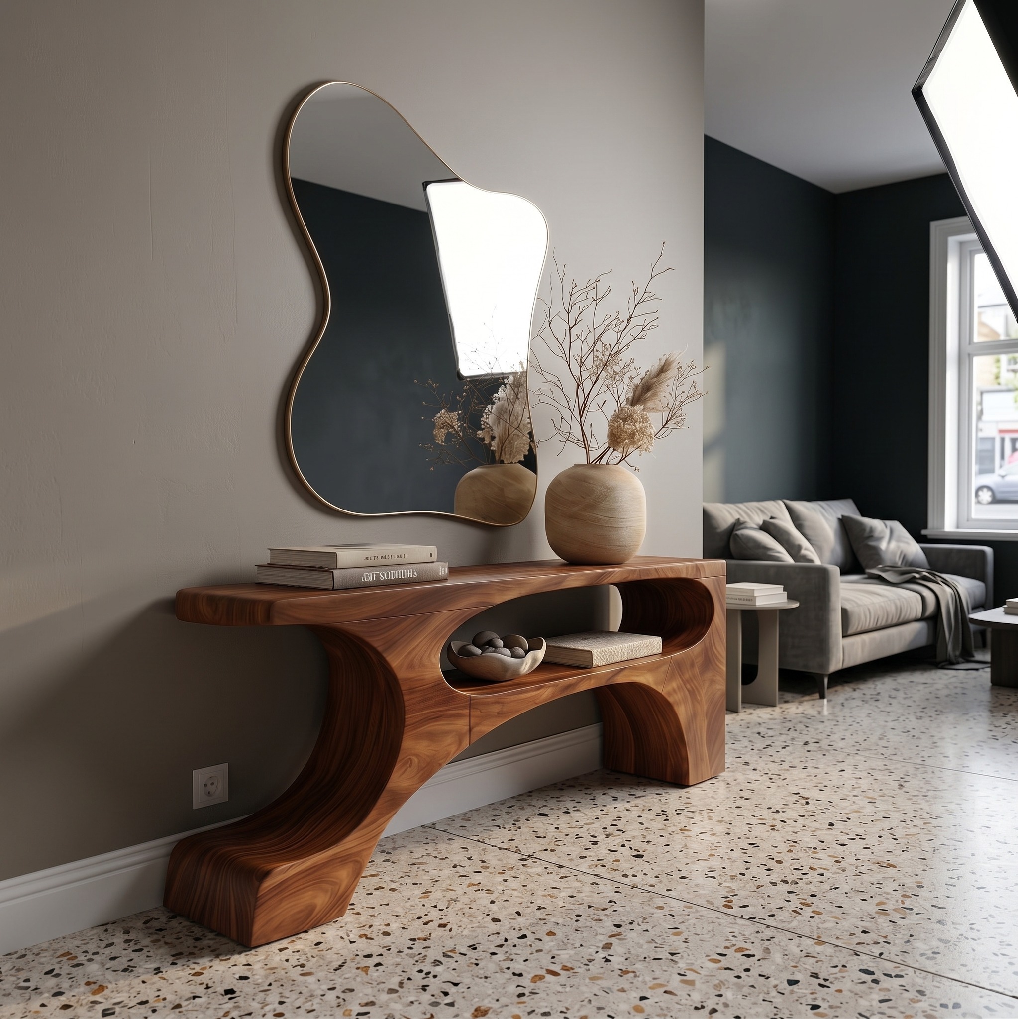 Contemporary Console Table, Organic Pedestal Base Solid Wood Entryway Table, Unique Sofa Table for Foyer