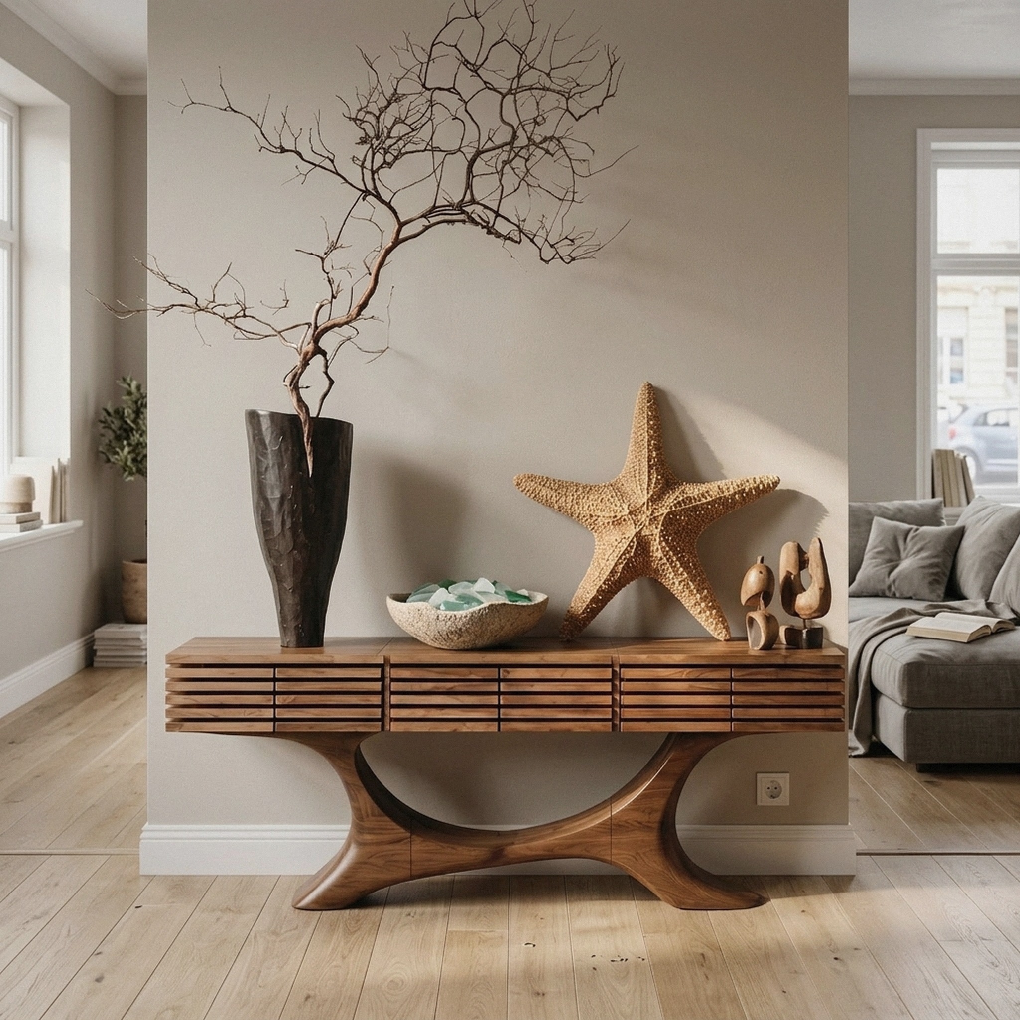 Contemporary Console Table with Curved Tree Trunk Base and Built in Storage Drawers for Living Room