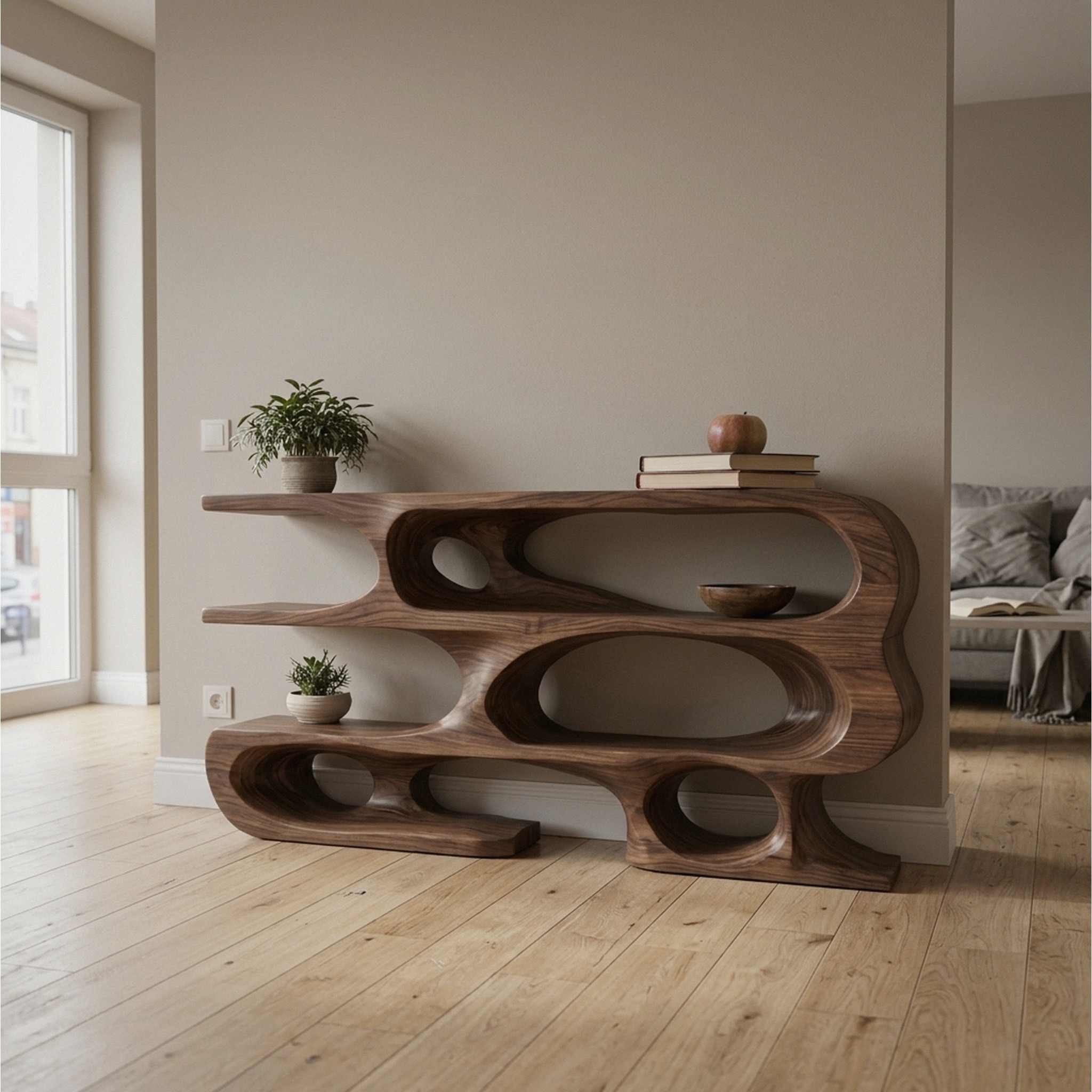 Contemporary Console Table with Multi Level Open Shelves for Living
