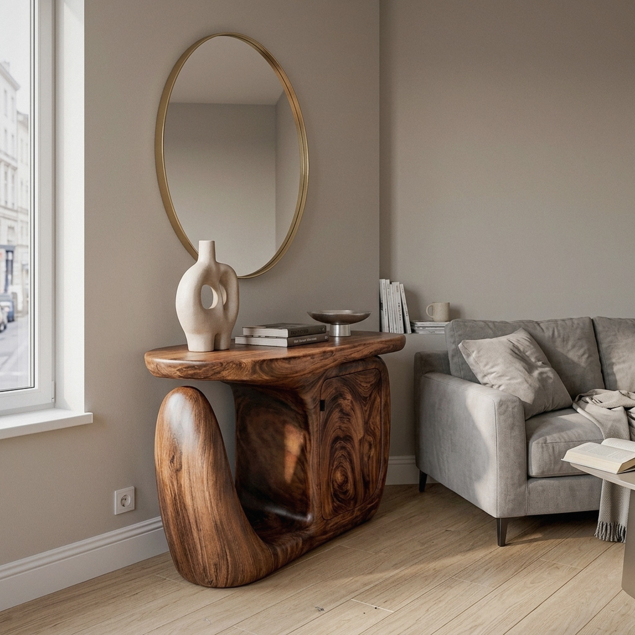 Contemporary Console Table with Sculptural Base and Storage for Entryway