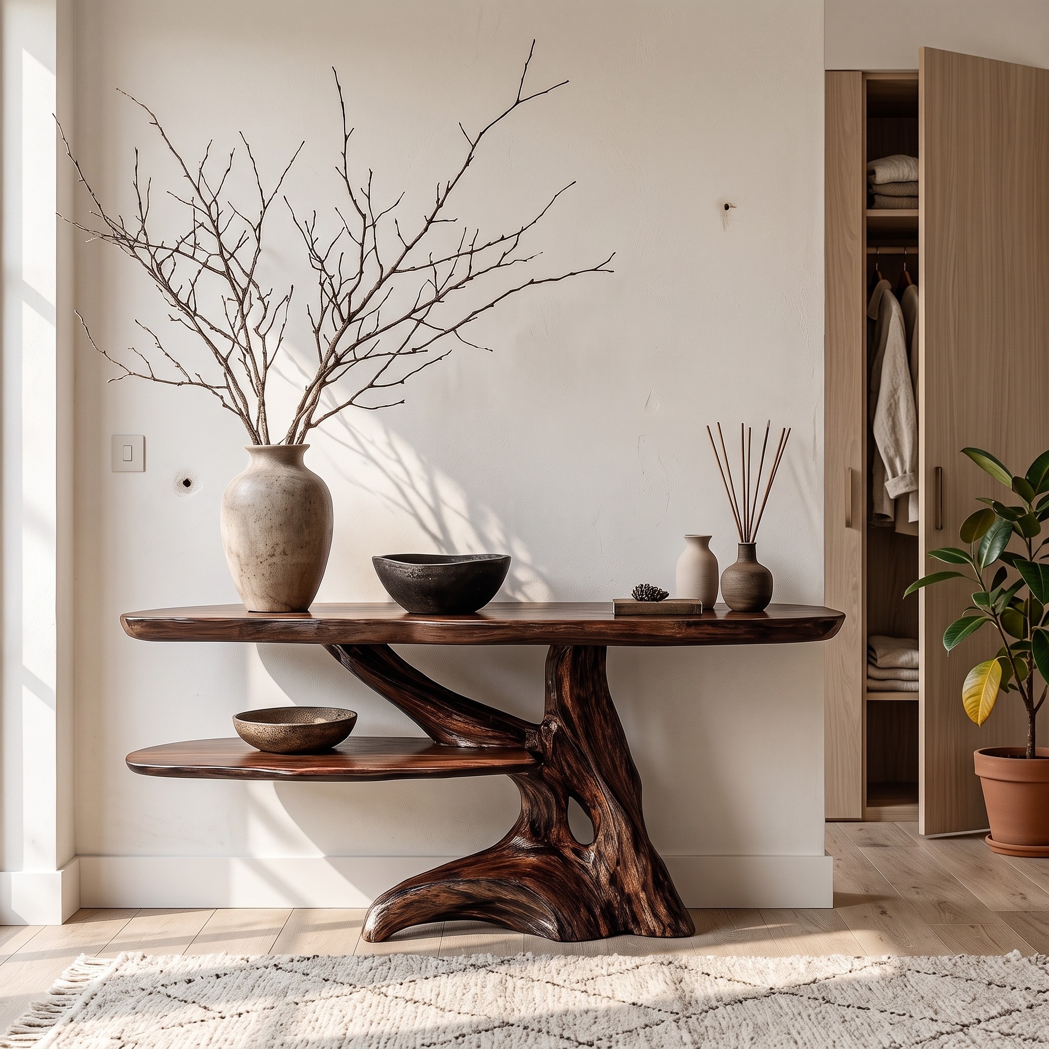 Contemporary Console Table with Sculptural Solid Wood Root Design, Handcrafted Live Edge Entryway & Hallway Table