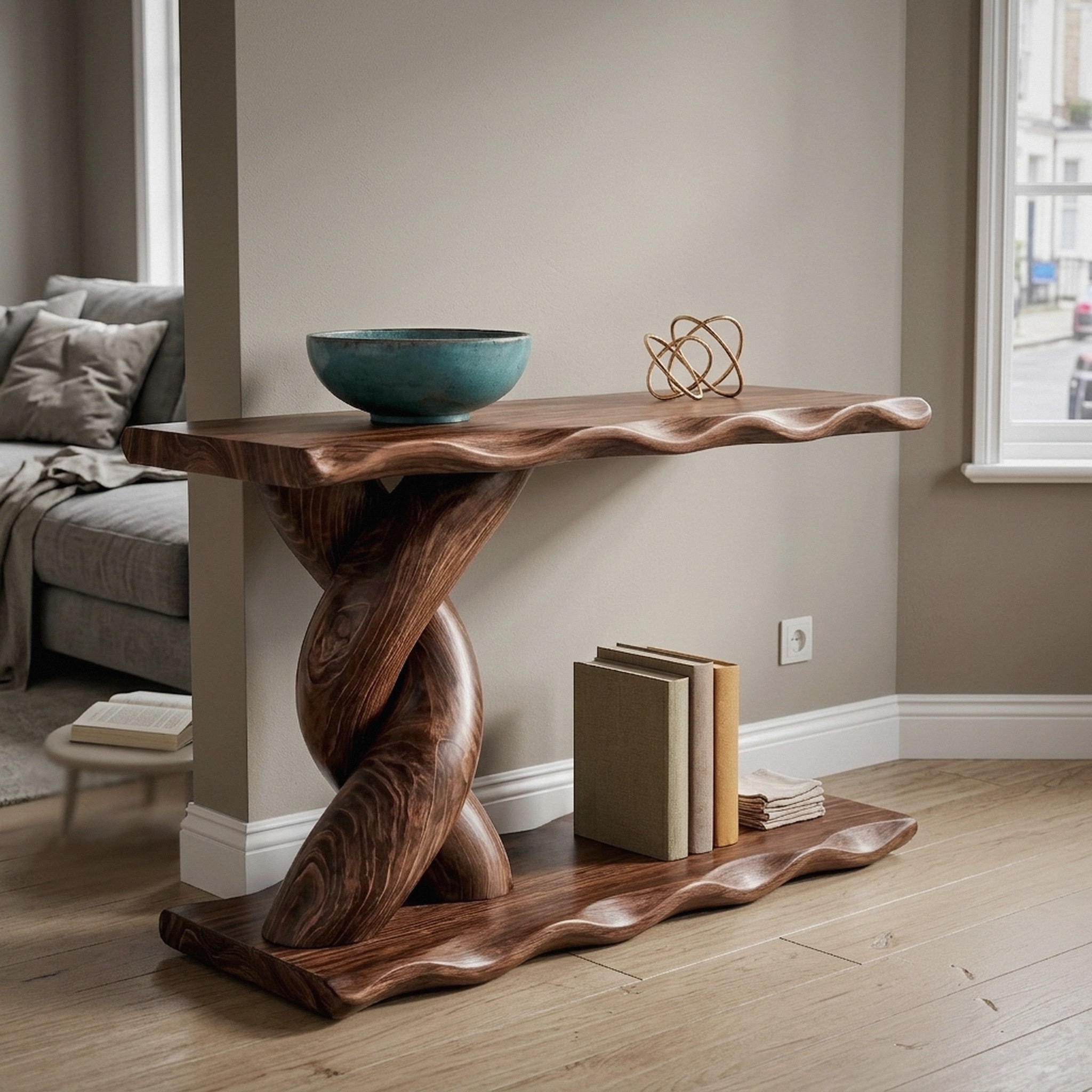 Contemporary Console Table with Spiral Base and Lower Display Shelf for Living Room