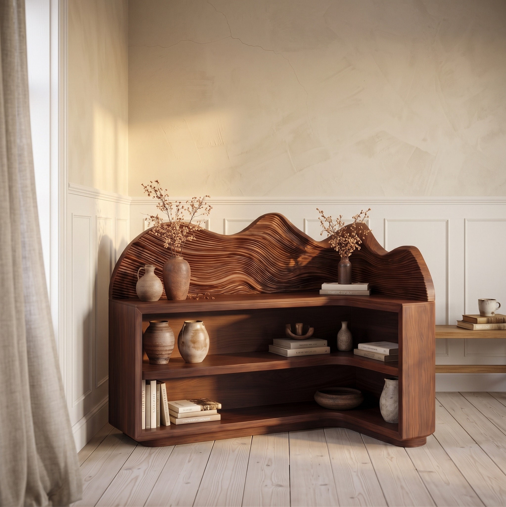 Contemporary Corner Bookcase, Sculptural Solid Wood Floating Shelves, Wall Display for Living Room