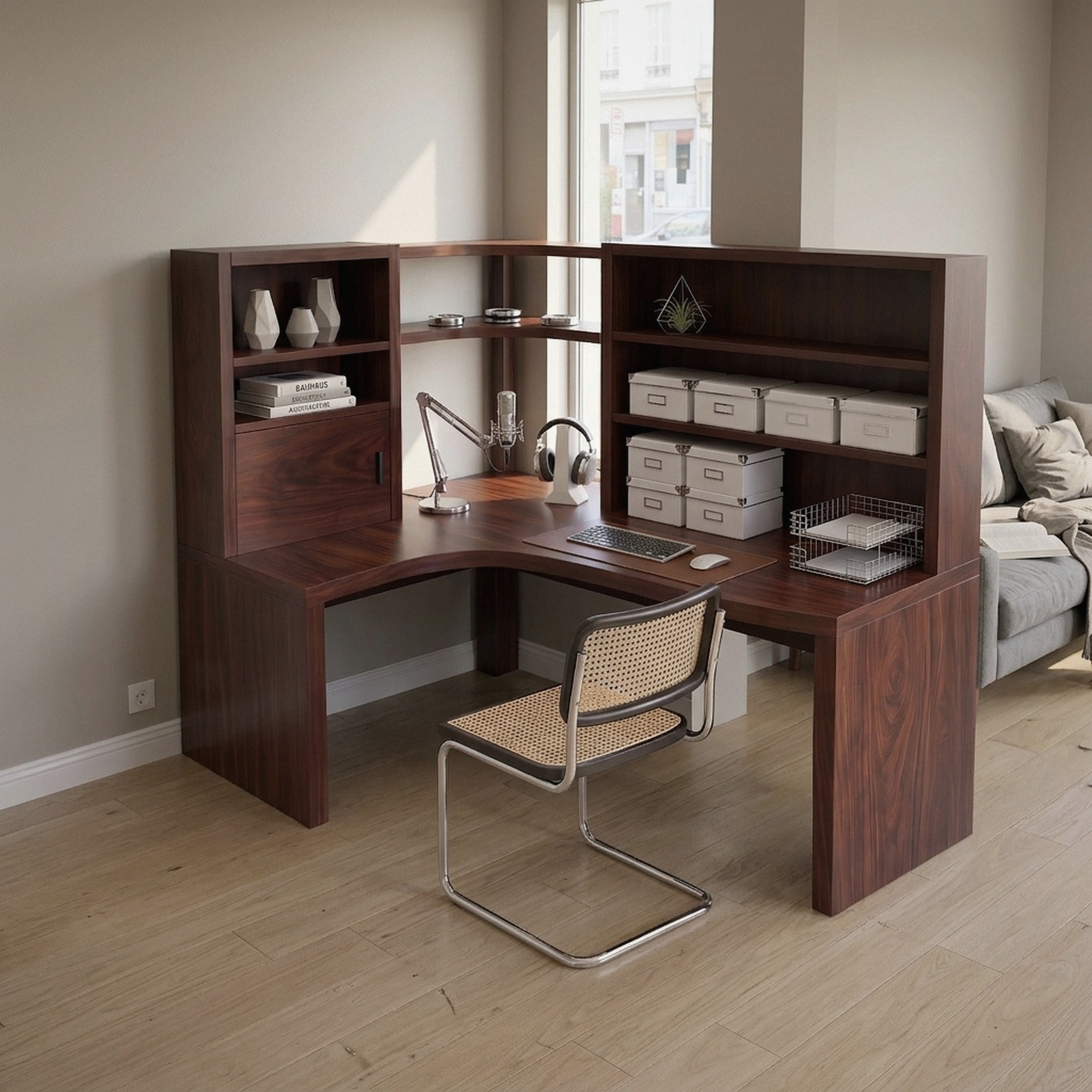 Contemporary Corner Desk with Built in Bookcase for Workspace