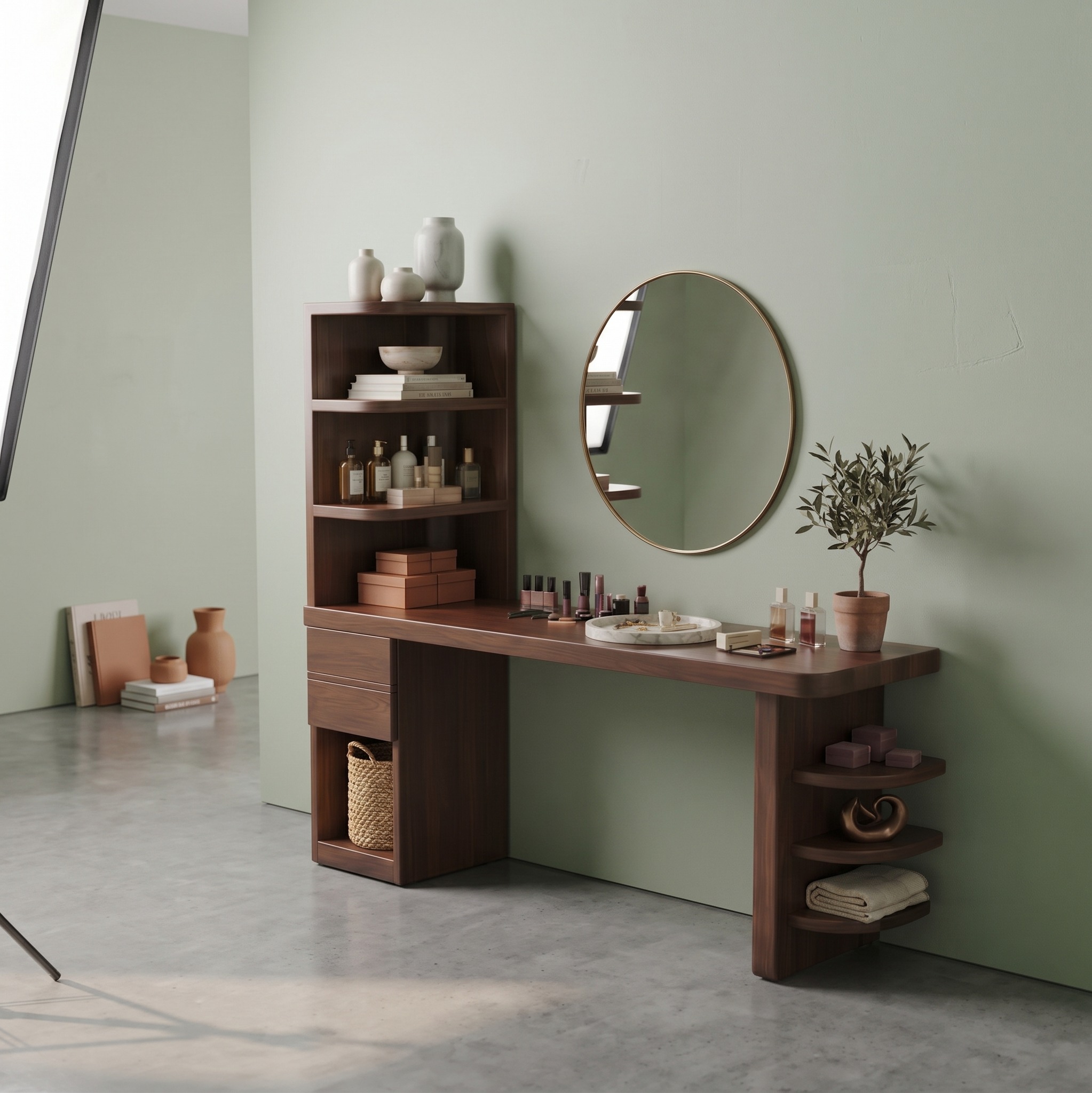 Contemporary Corner Makeup Vanity, Space-Saving Dressing Table with Vertical Storage Shelves for Bedroom Decor