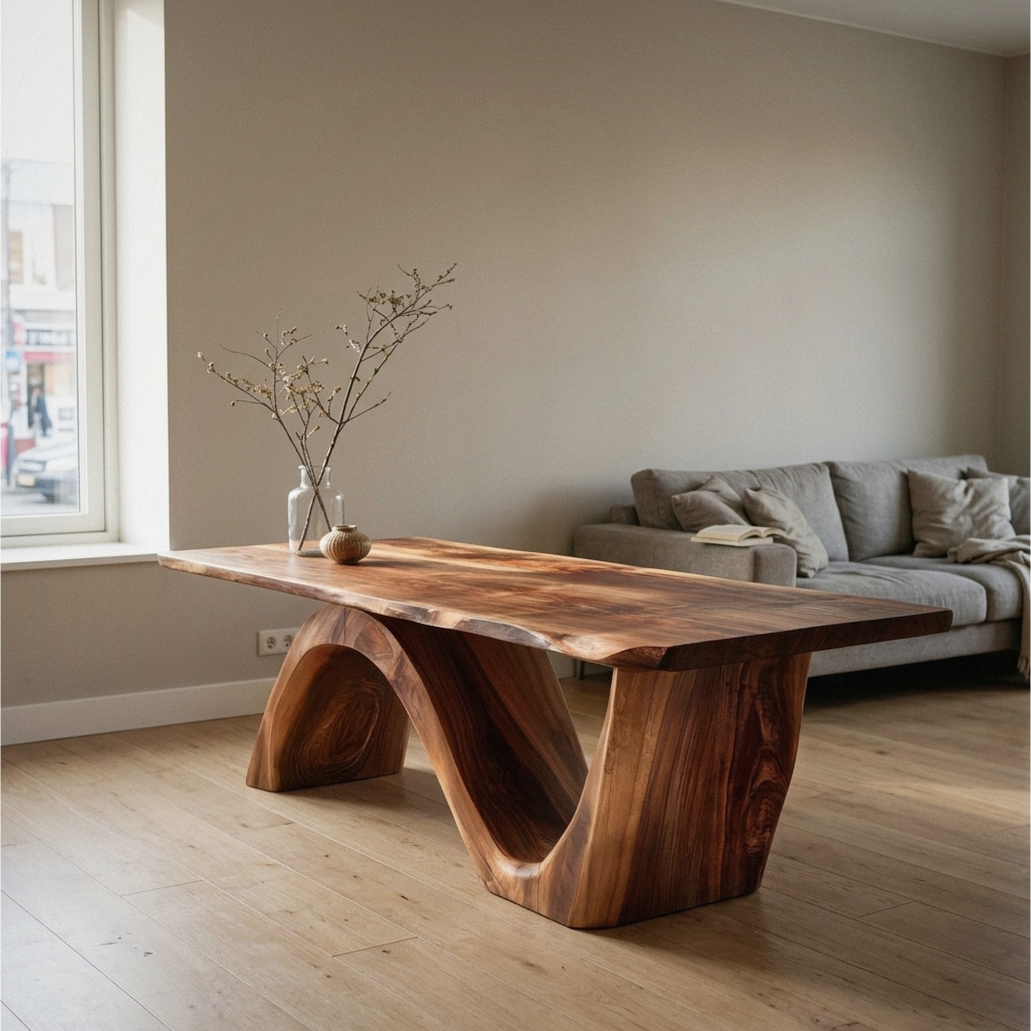 Contemporary Curved Base Wood Dining Table for Dining Area