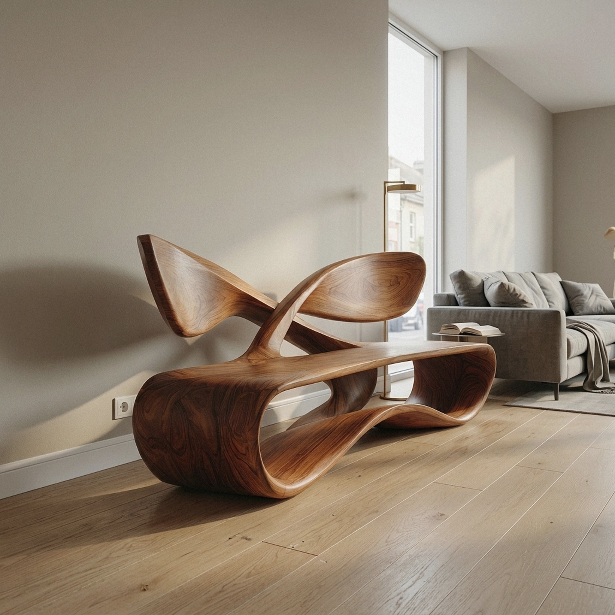 Contemporary Curved Bench with Cross Backrest for Living Room