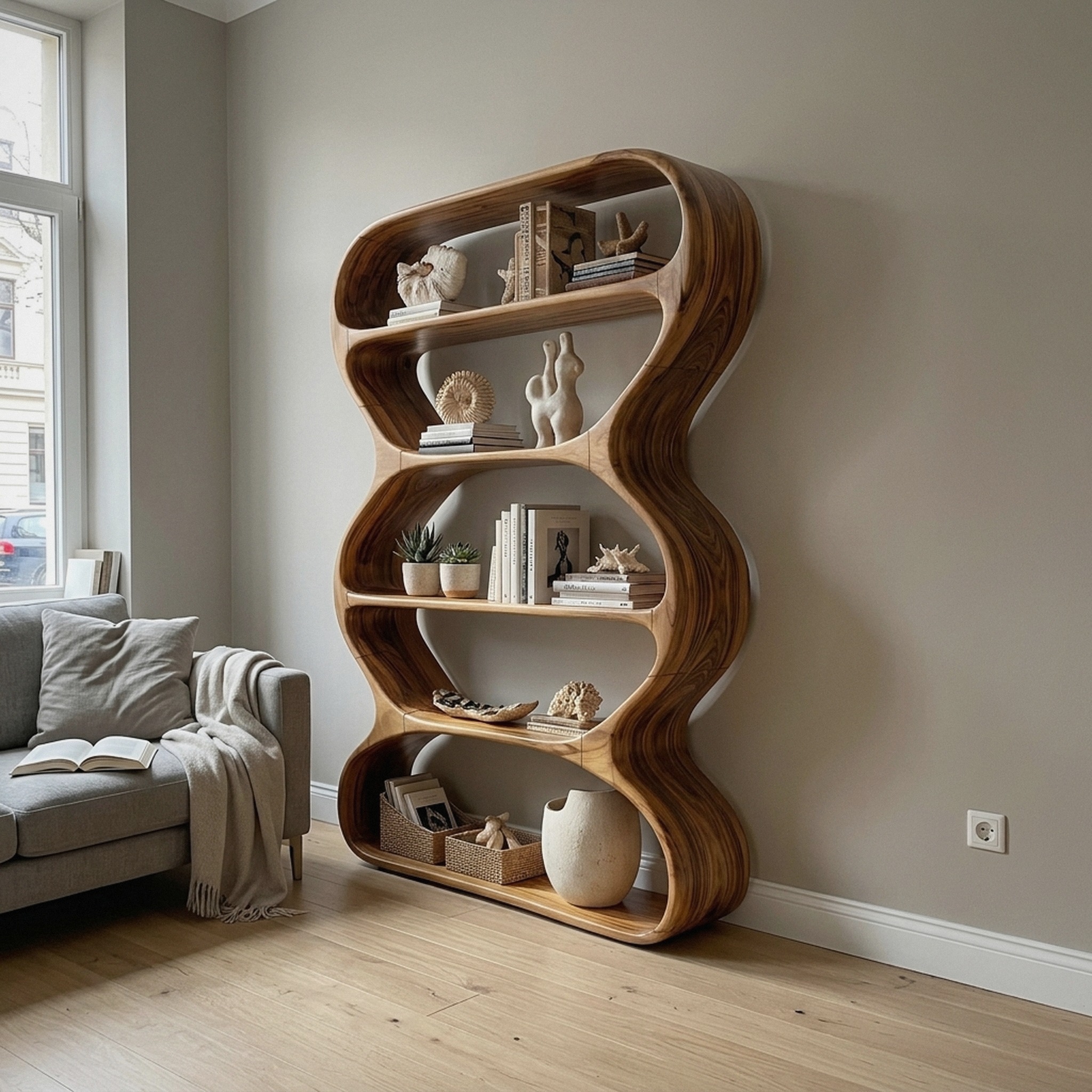 Contemporary Curved Wood Bookshelf, Handcrafted Artistic Solid Wooden Bookshelf and Floating Display Rack for Living Room Decor
