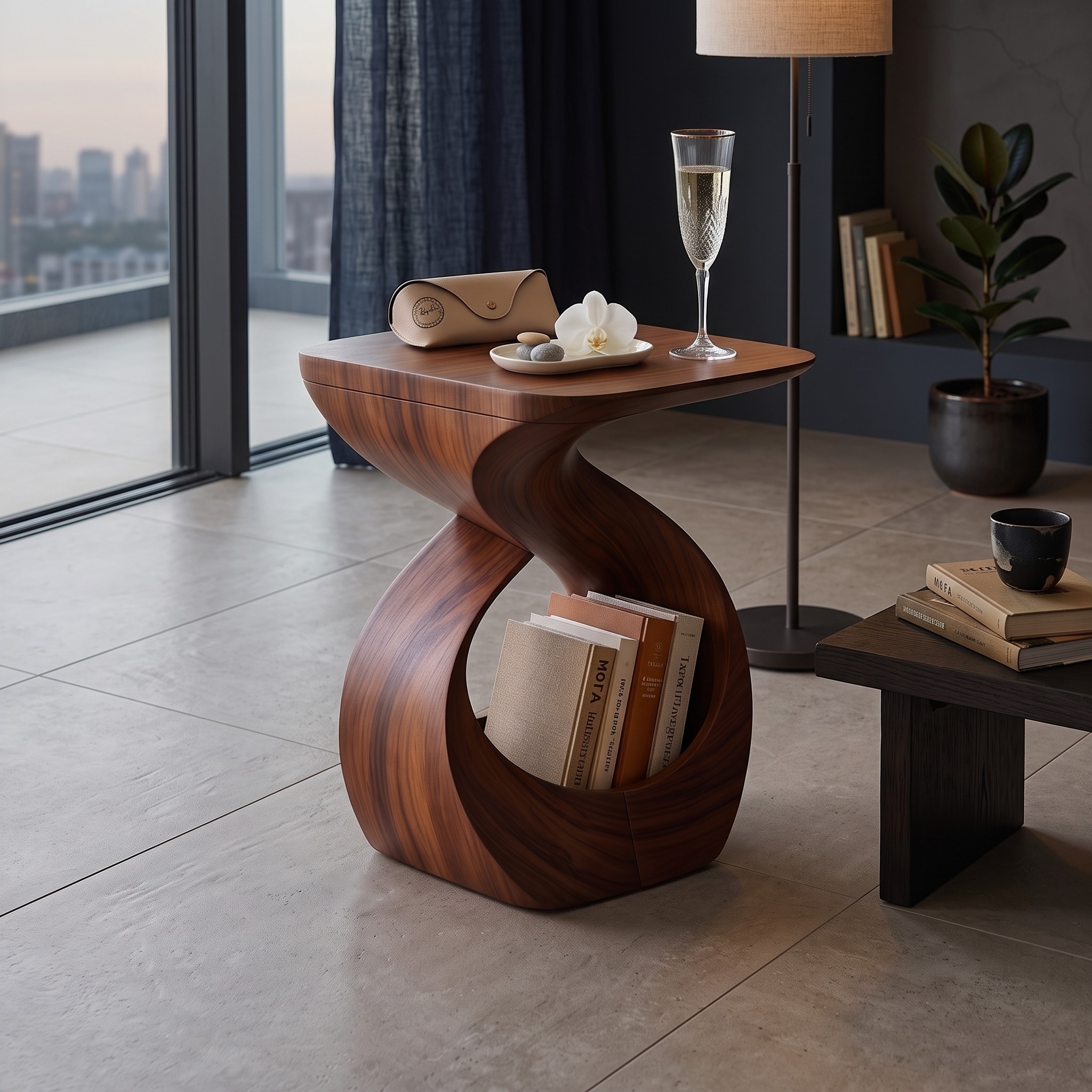 Contemporary Curved Wood End Table, Unique Living Room Accent Side Table for Apartments