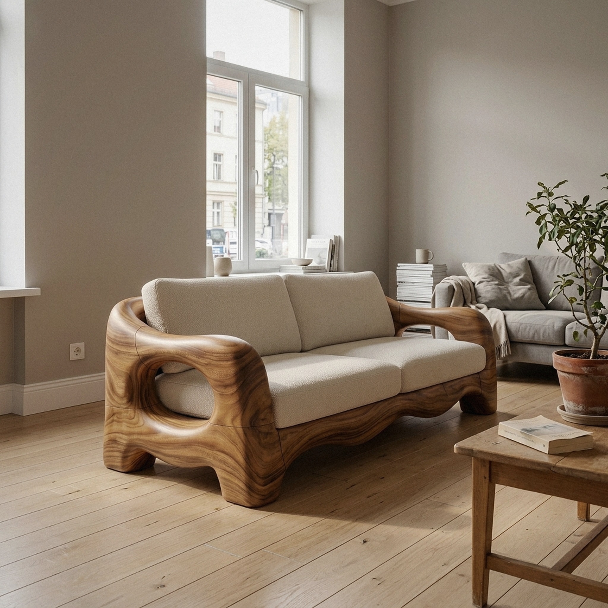 Contemporary Curved Wood Sofa Urban Apartment Interior