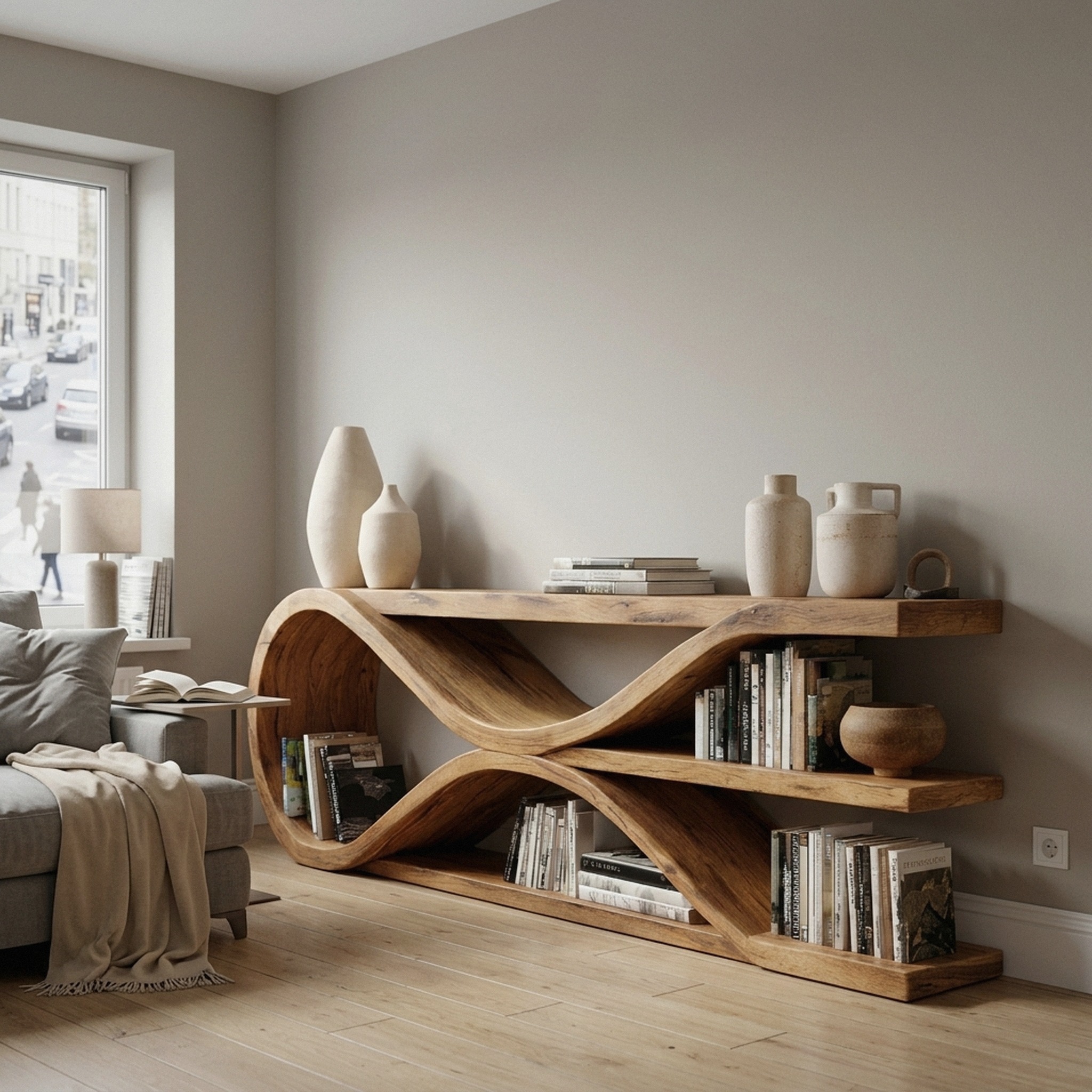 Contemporary Curved Wooden Console Table for Living Room