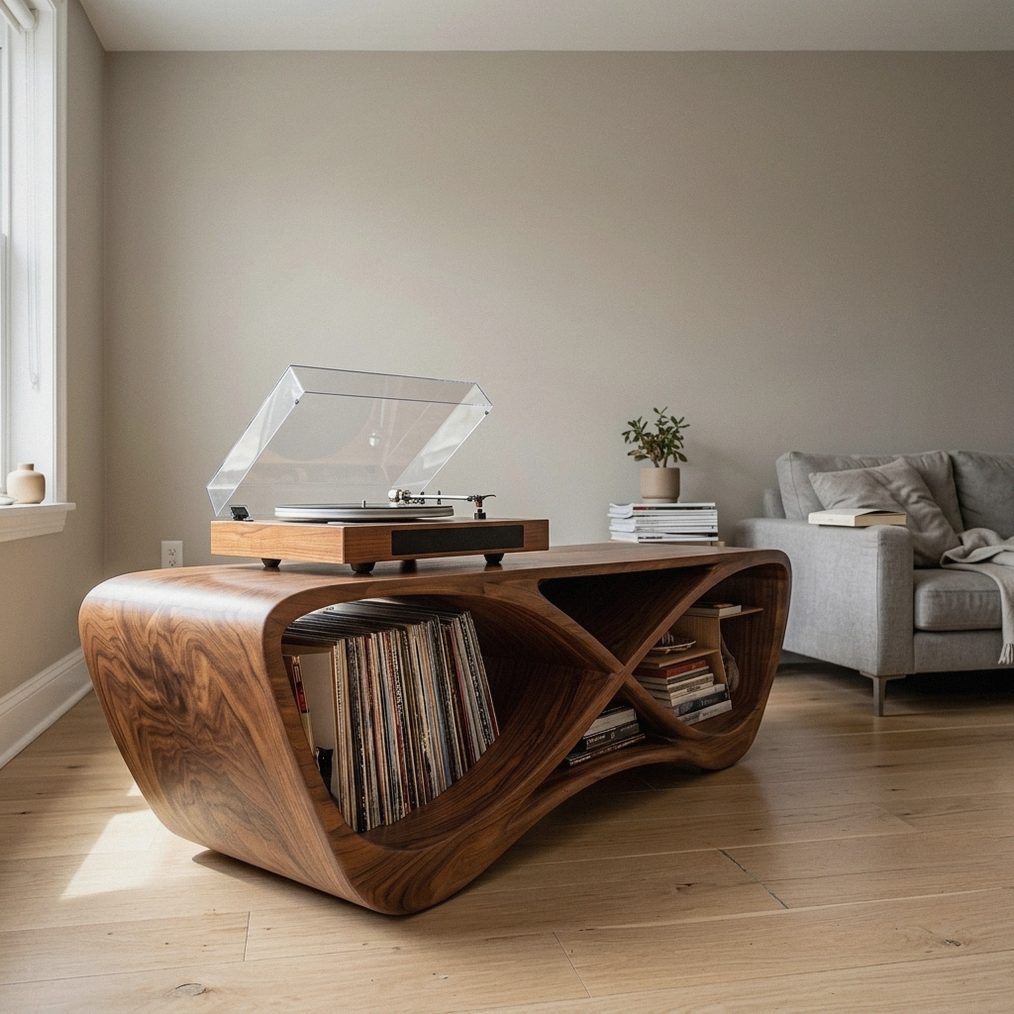 Contemporary Curved Wooden Record Player Console for Living Room