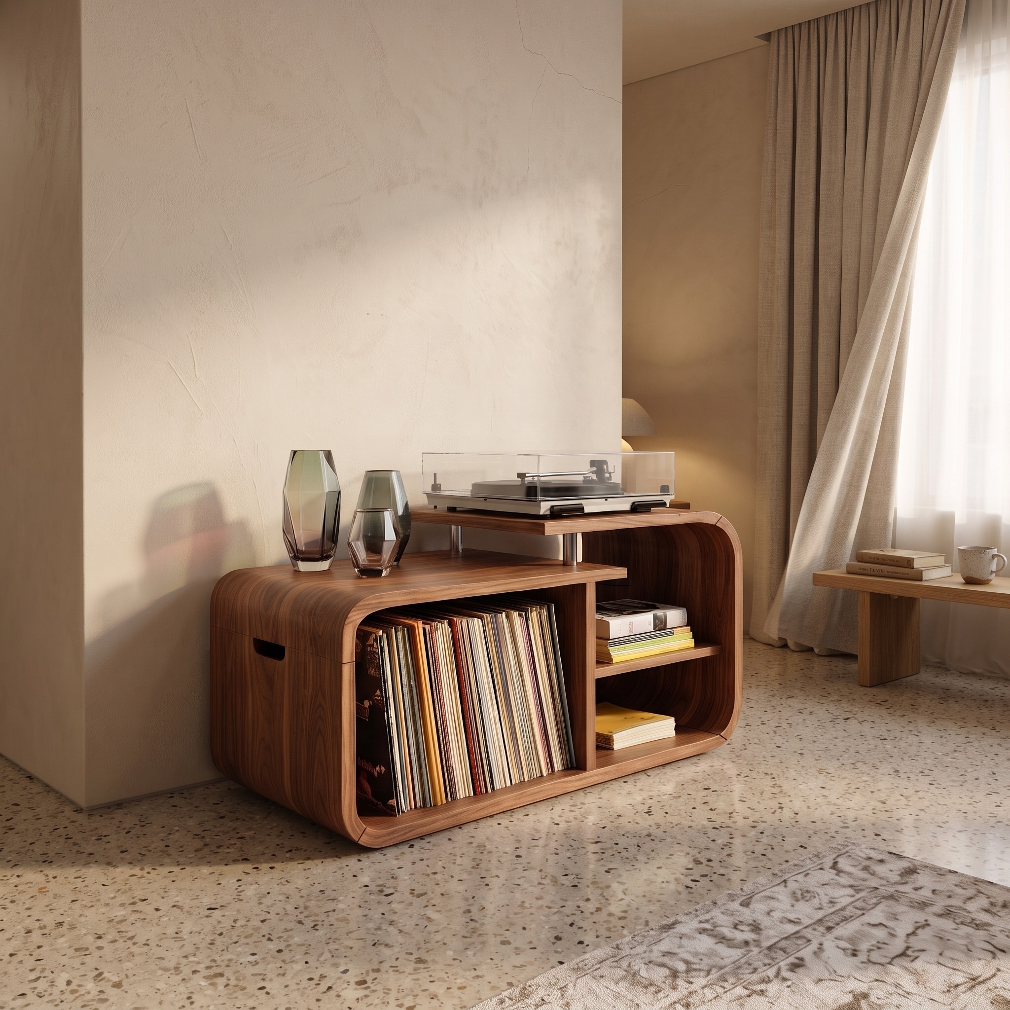 Contemporary Curved Wooden Record Player Stand, Handcrafted Modern Vinyl LP Storage Cabinet & Console, Model