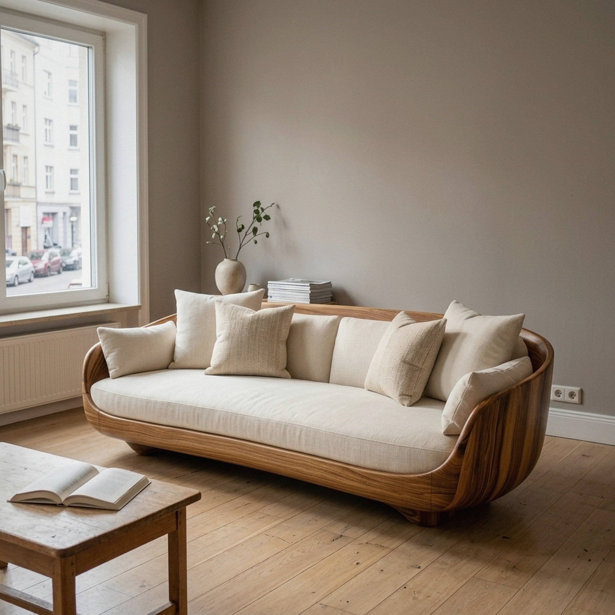 Contemporary Curved Wooden Sofa with Upholstered Seat for Living Room