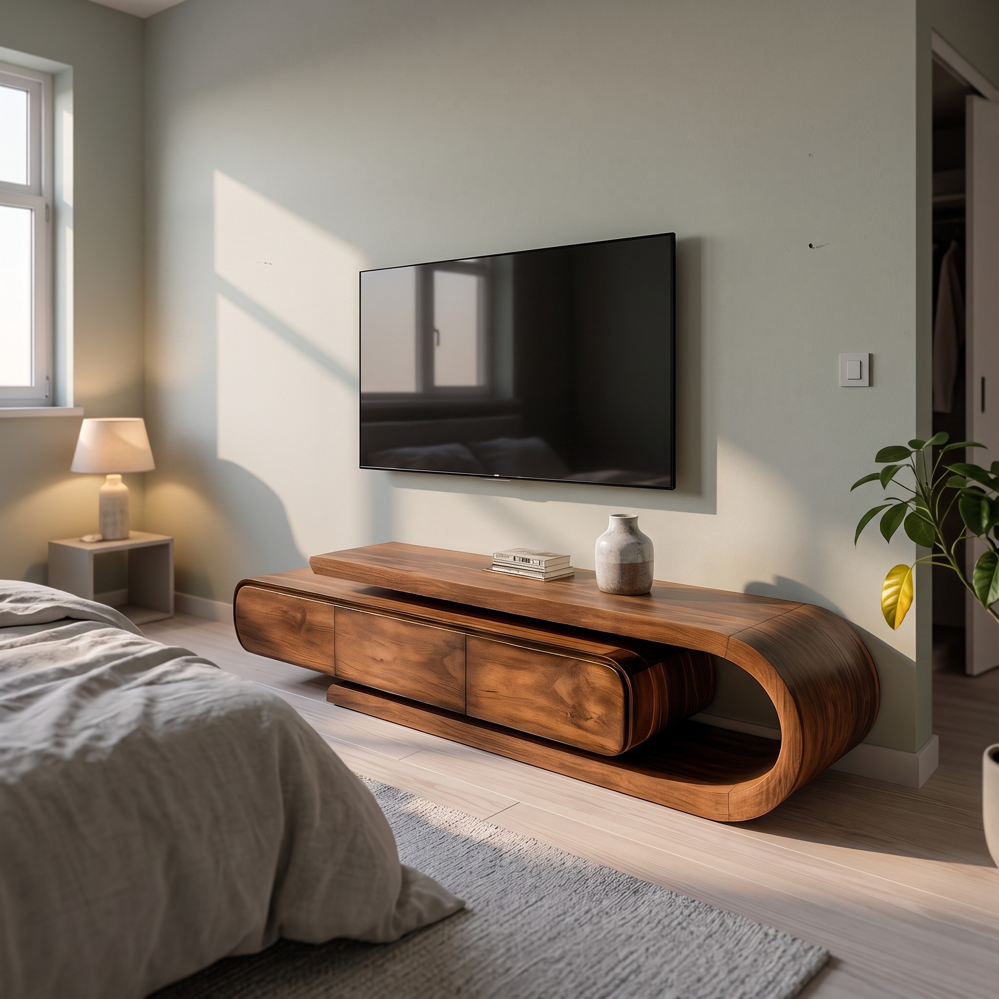 Contemporary Curved Wooden TV Console, Sculptural Living Room Media Stand, Modern Wood Entertainment Center