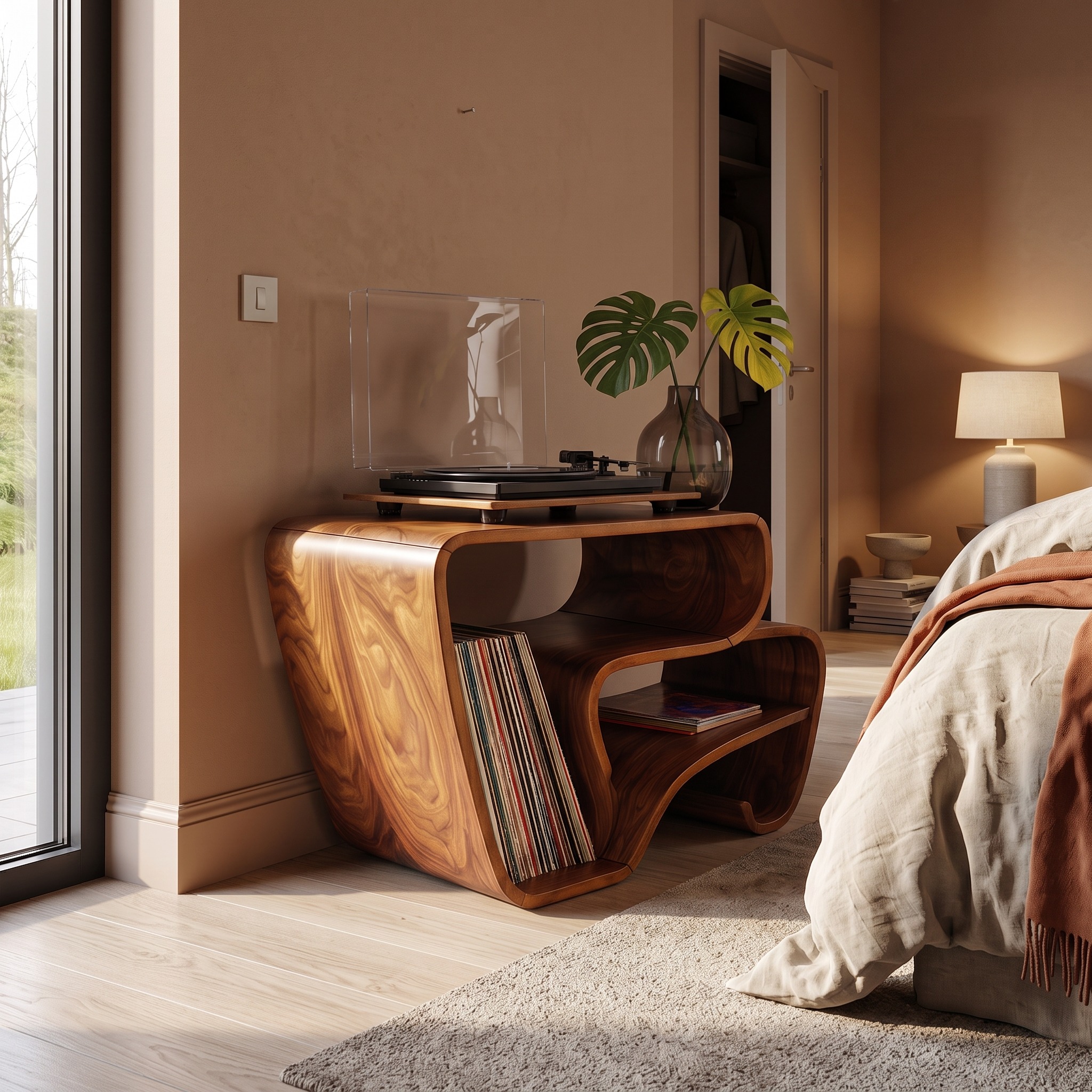 Contemporary Curved Wooden Vinyl Record Cabinet, Handcrafted Modern LP Storage Turntable Console Stand, Model