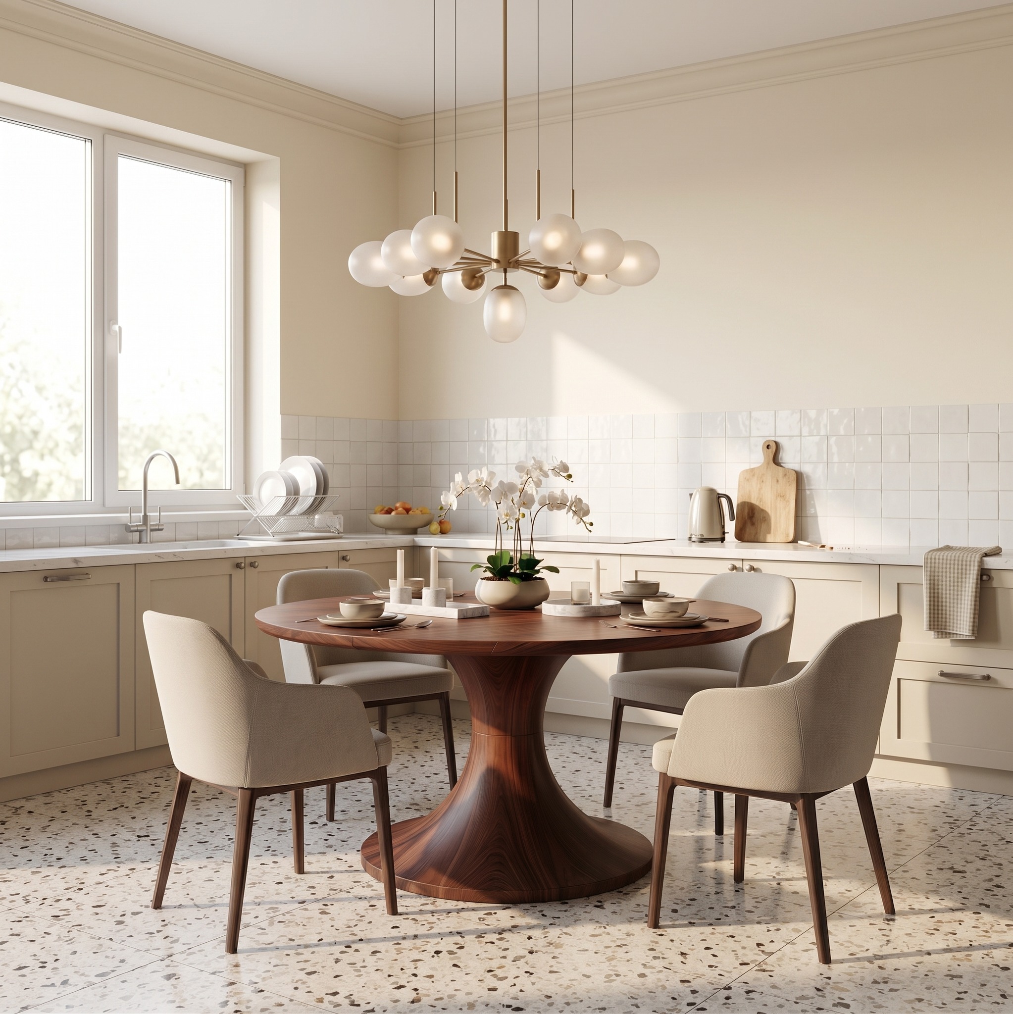 Contemporary Dining Table with Handcrafted Solid Wood Pedestal Base, Modern Wooden Kitchen Table