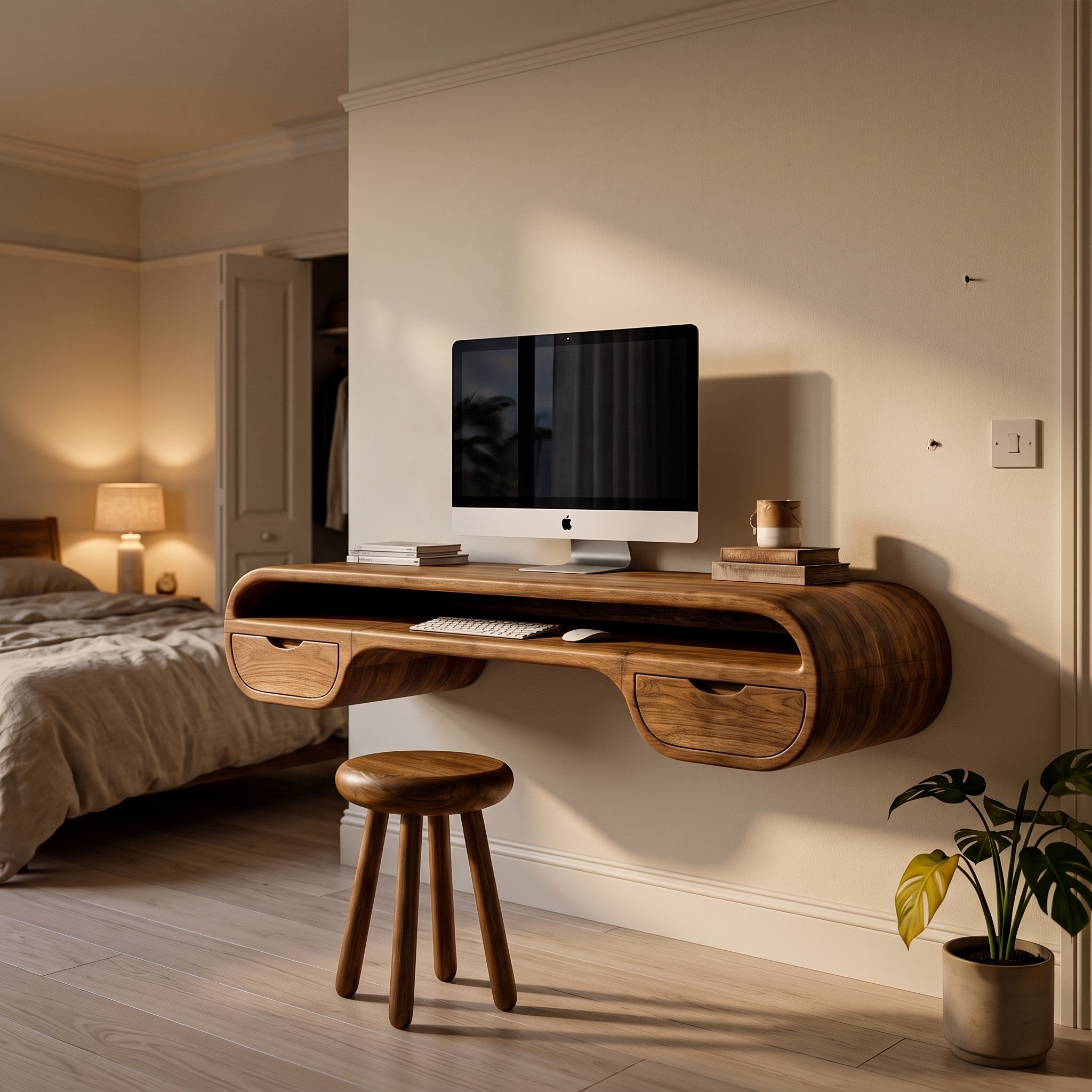 Contemporary Floating Desk with Drawer, Wall Mounted Solid Wood Space-Saving Writing Desk for Home Office